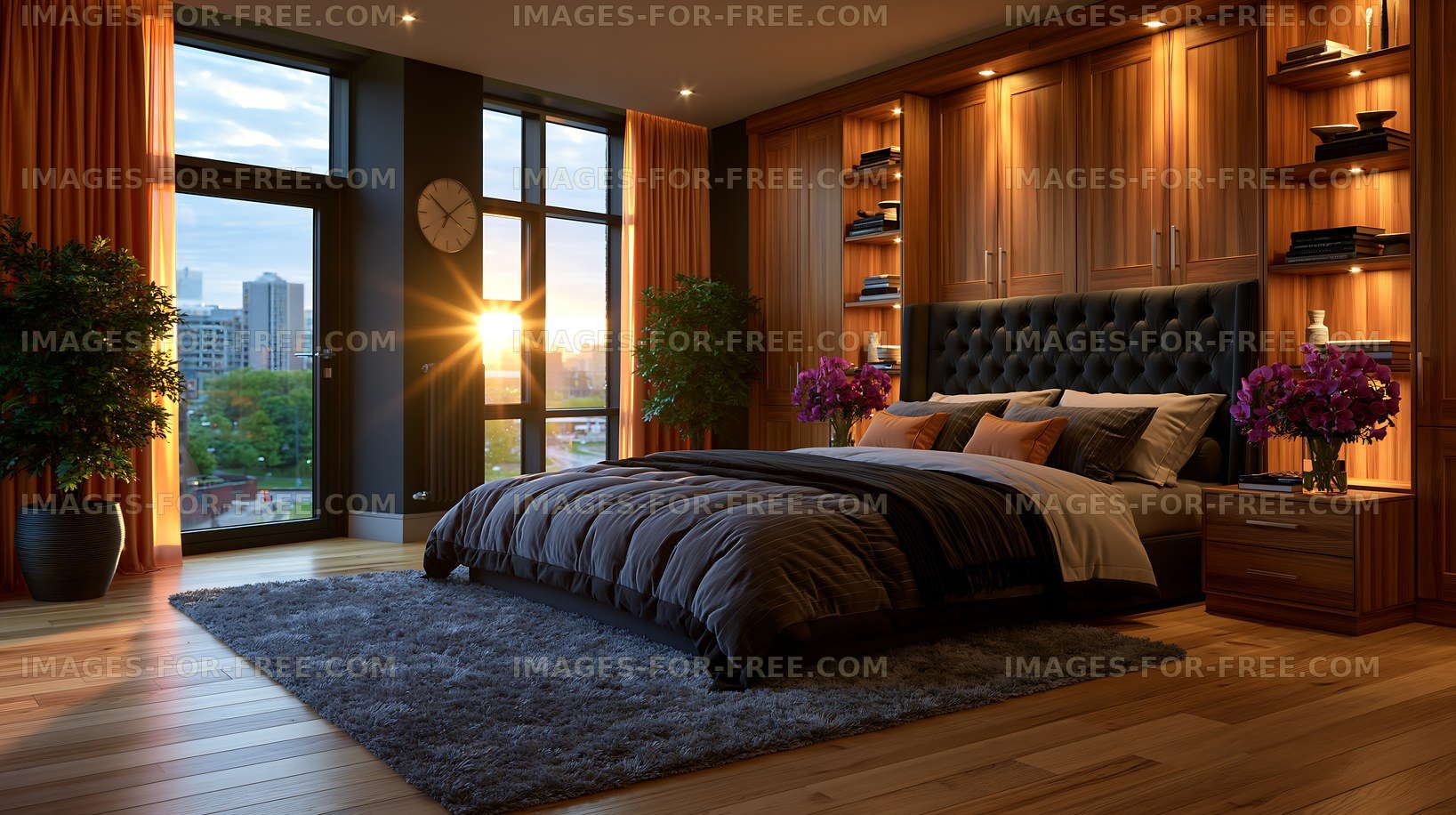 Modern bedroom interior with sunset view in urban setting