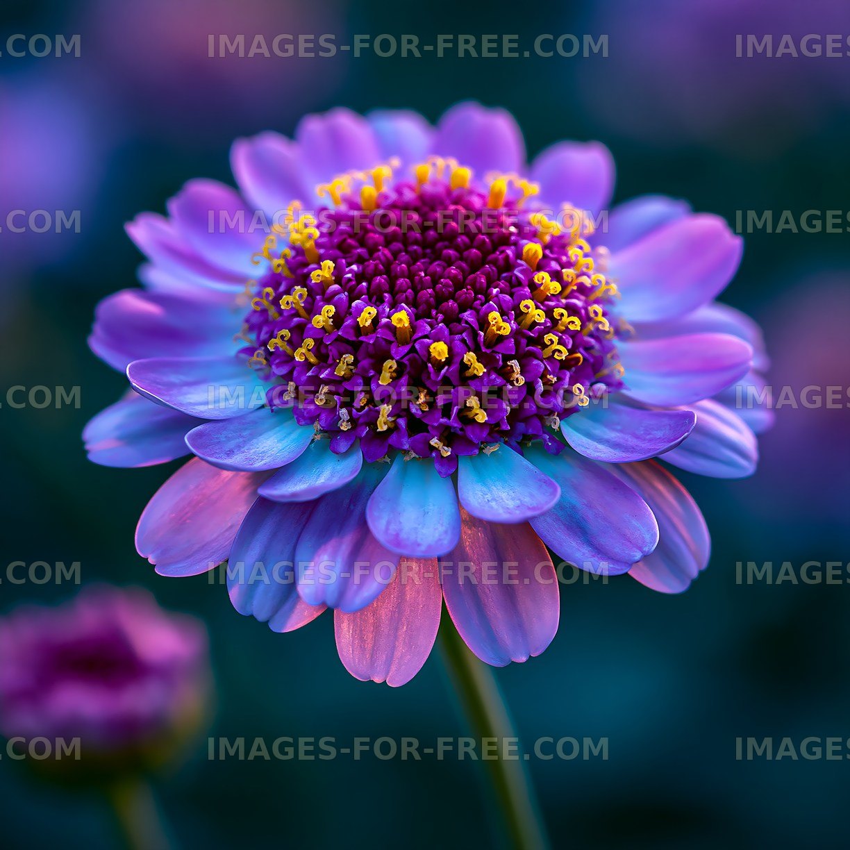 Purple flower with yellow center in a colorful garden
