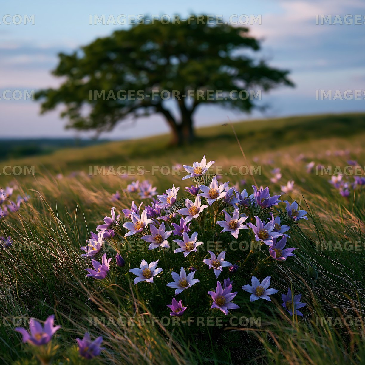 Wildflowers bloom in a grassy field with a tree in the background