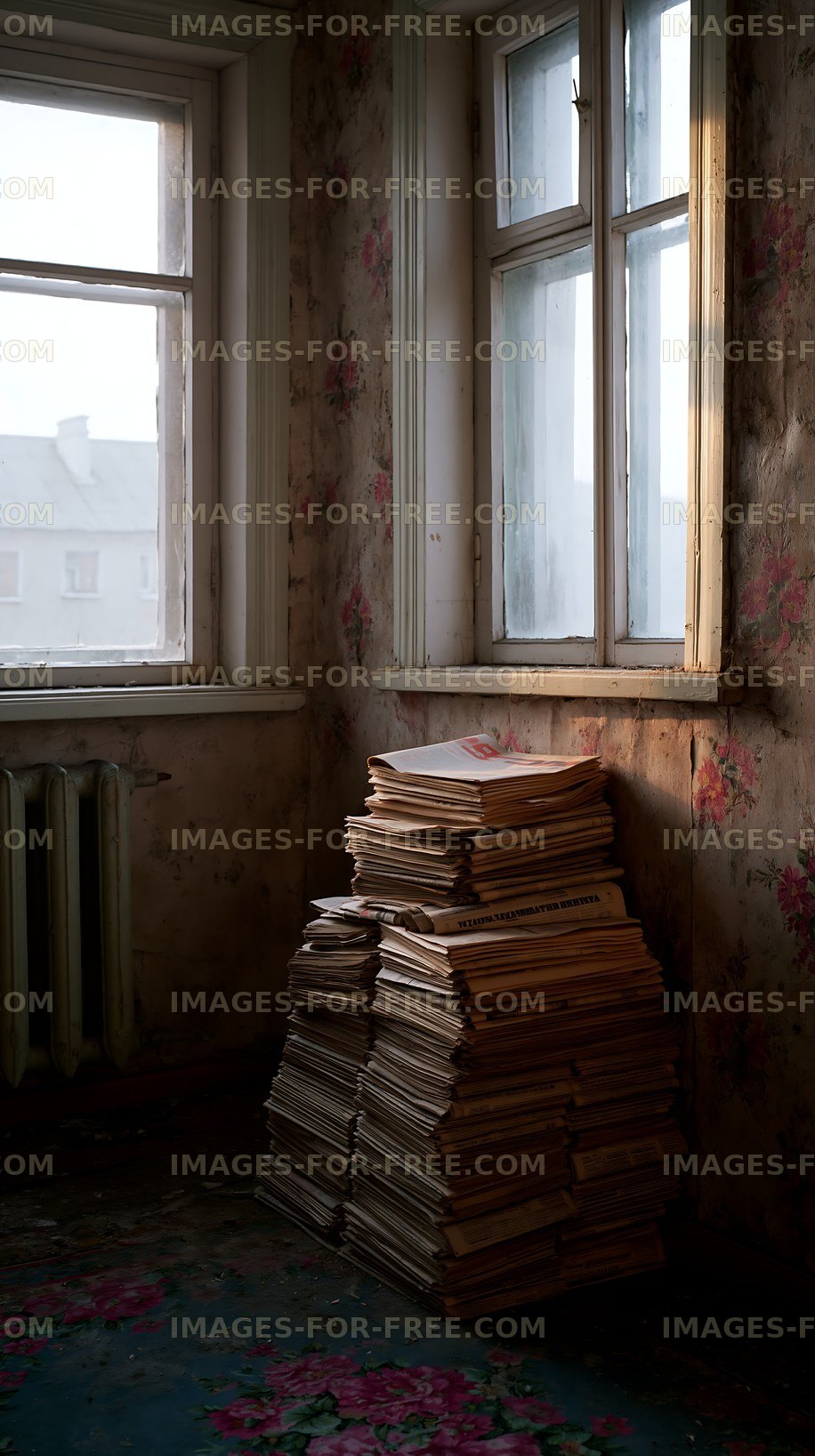Old newspapers stacked near window in abandoned room
