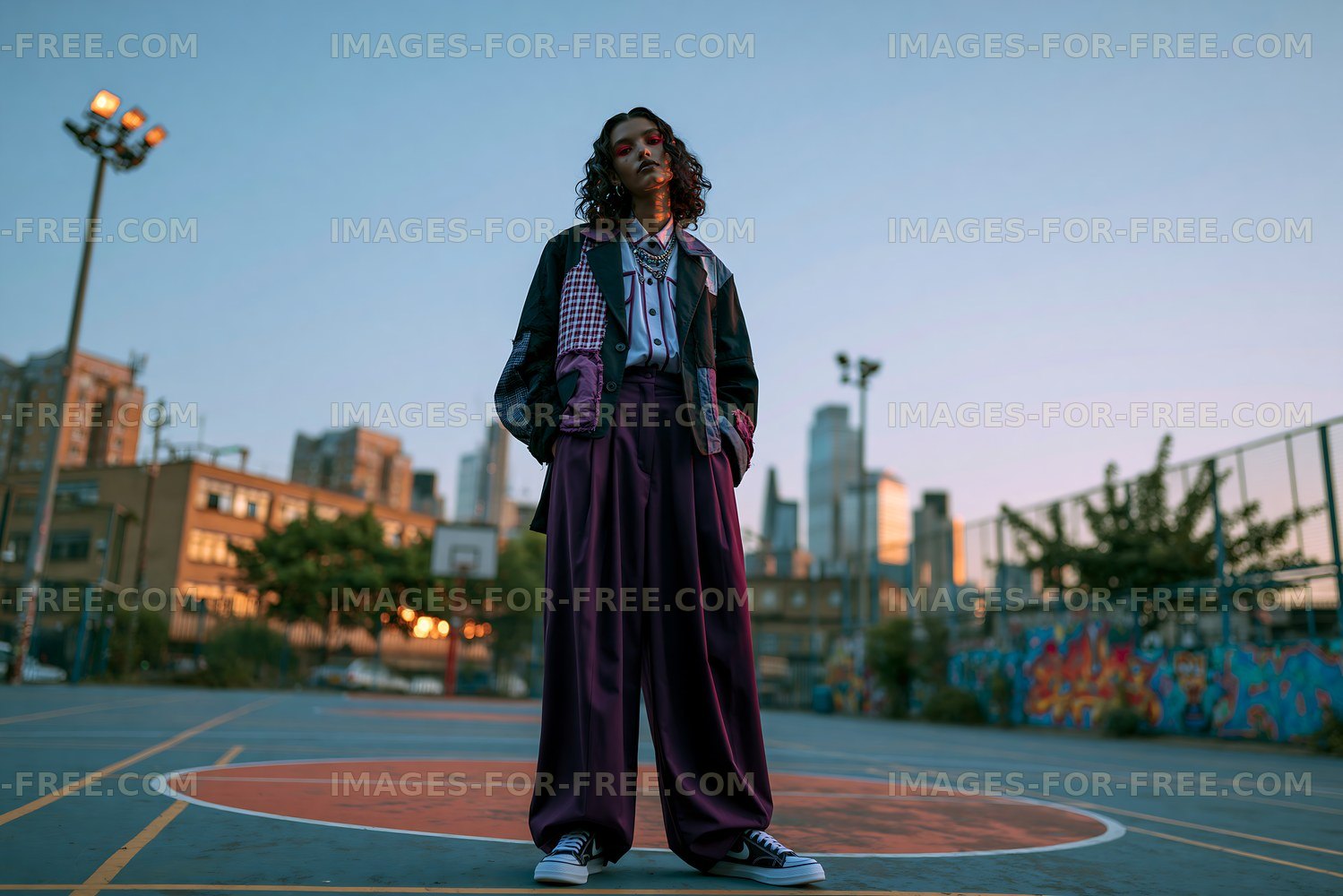 Person standing on a basketball court in an urban area at sunset