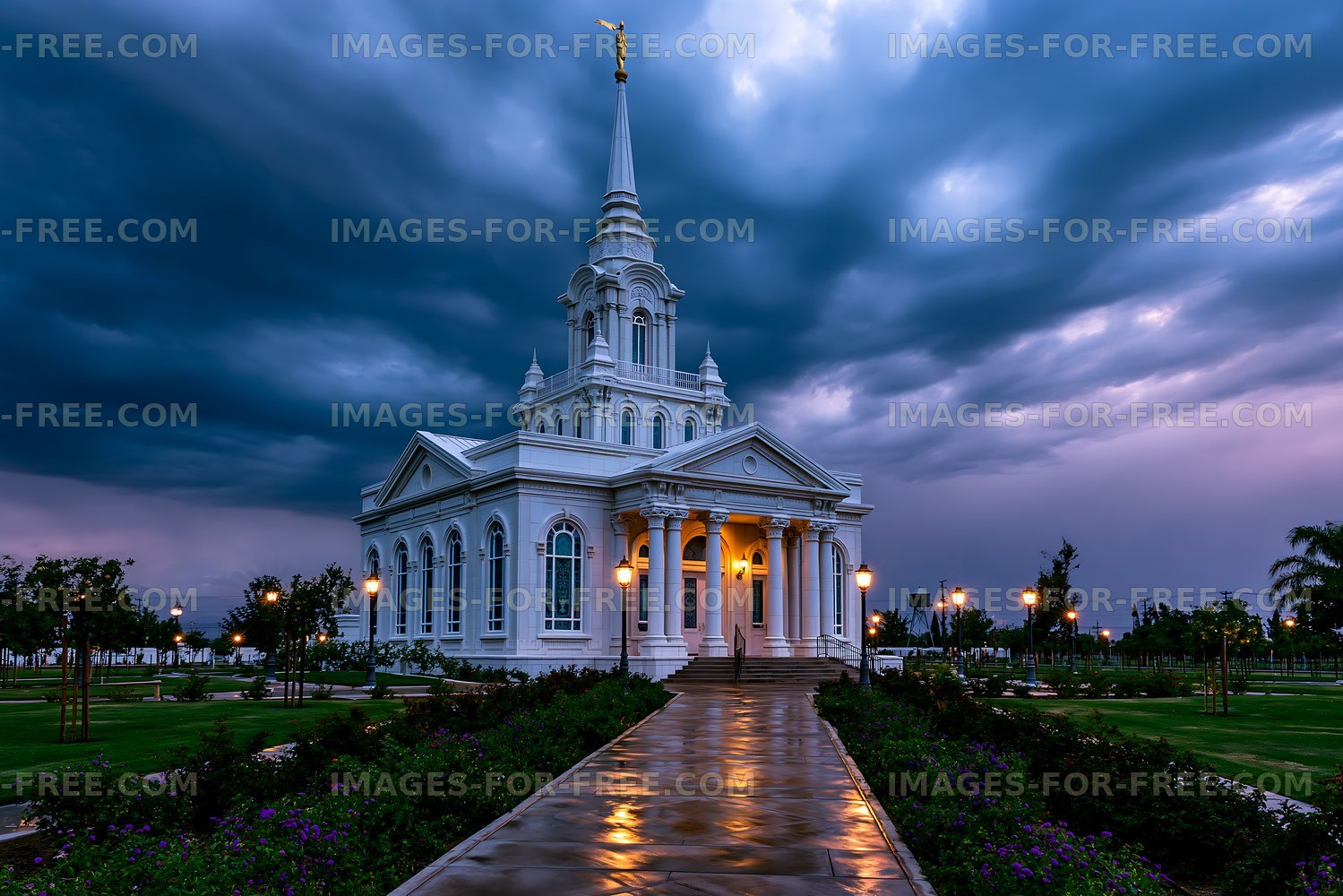 Church building under cloudy sky with wet pathway at dusk