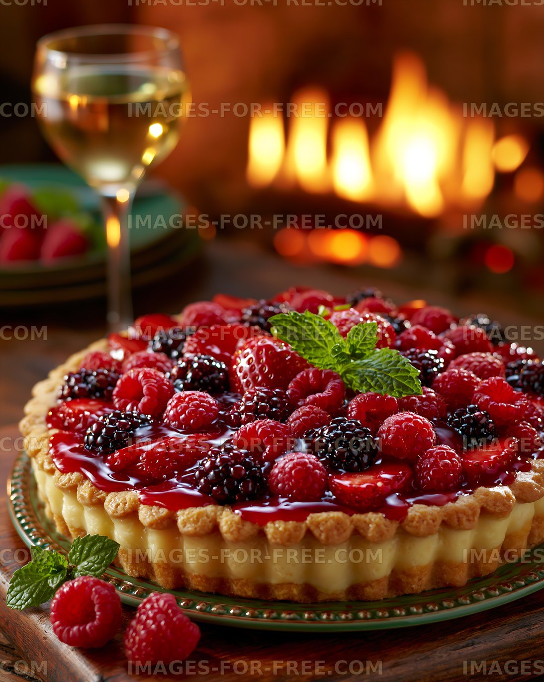 A round fruit tart is placed on a wooden table