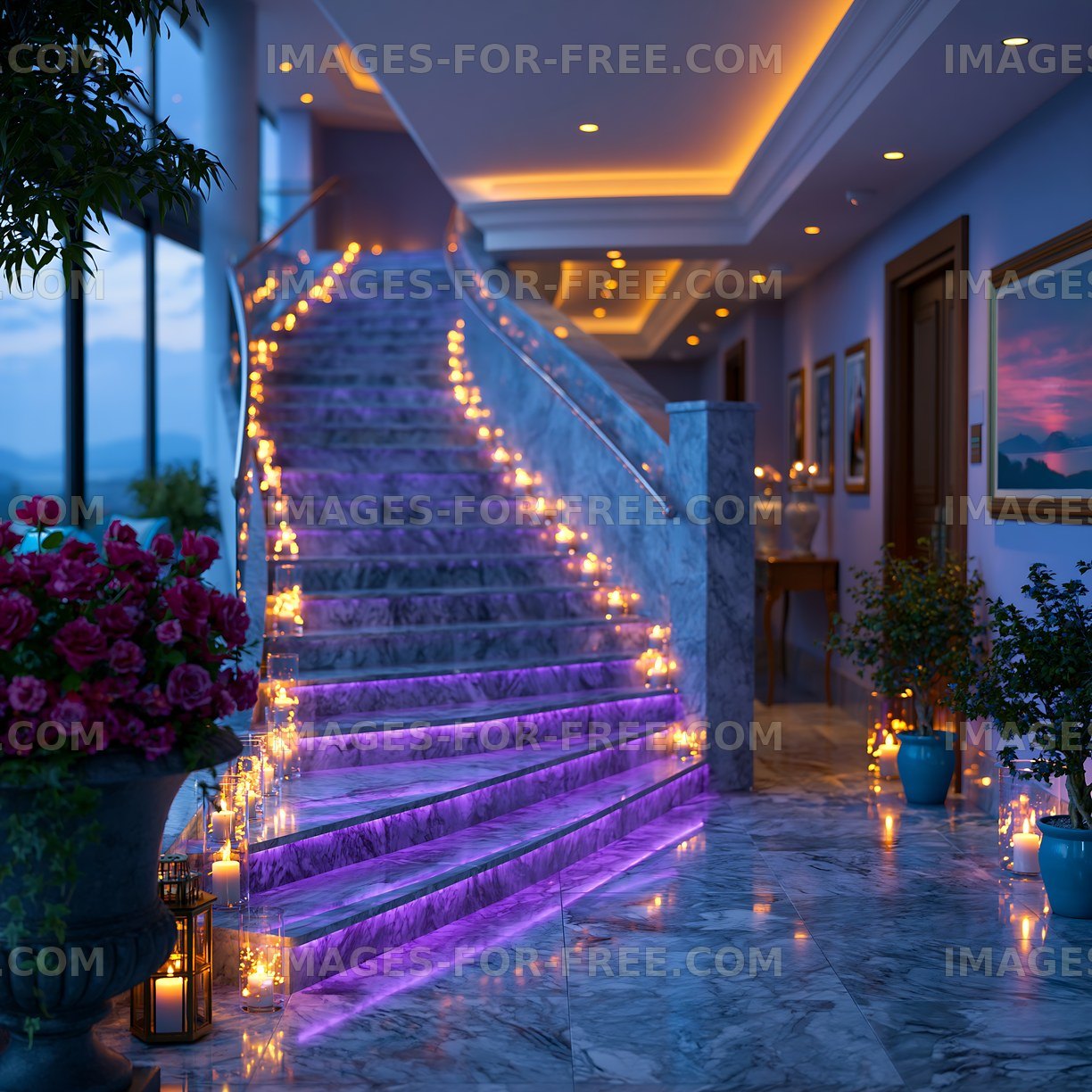 Stairs with purple lighting and candles in a modern building