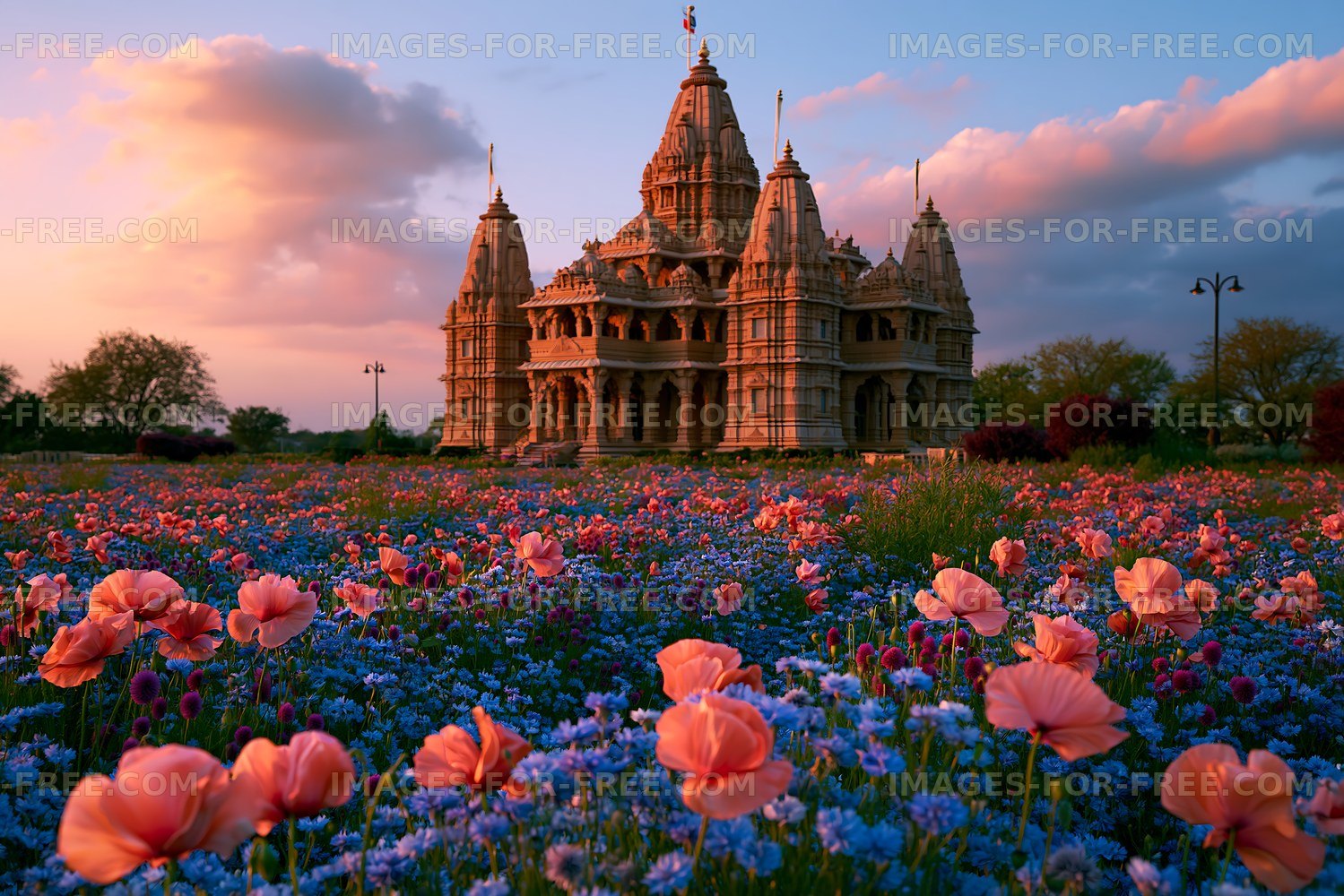 Temple surrounded by colorful flowers at sunset