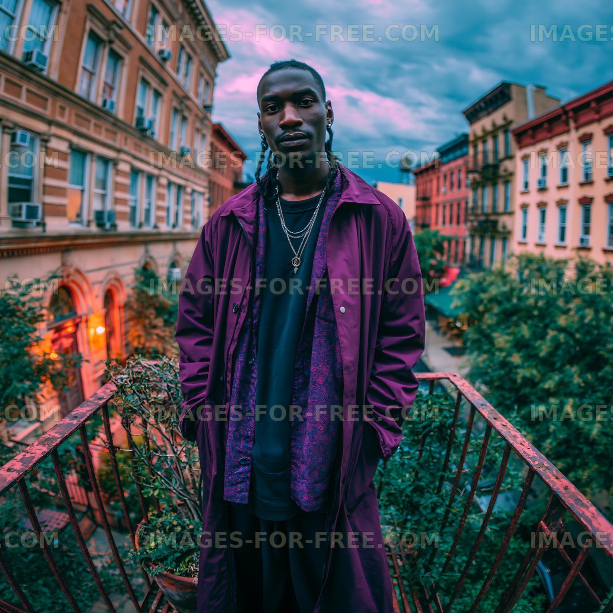 Man stands on balcony in urban area during twilight
