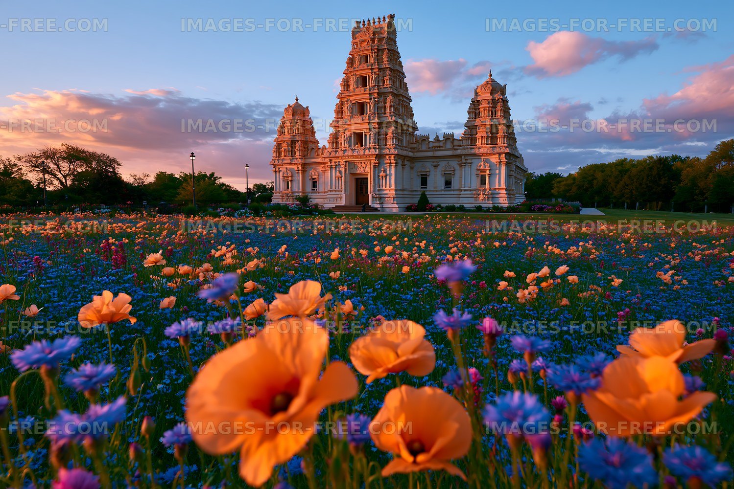 Temple with flowers in foreground during sunset