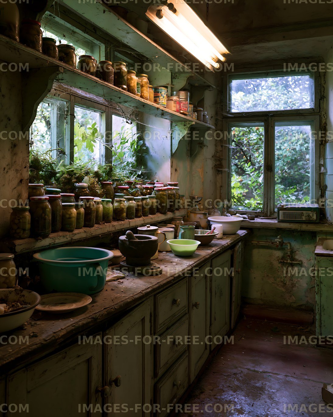 Old kitchen with jars and visible greenery outside the window