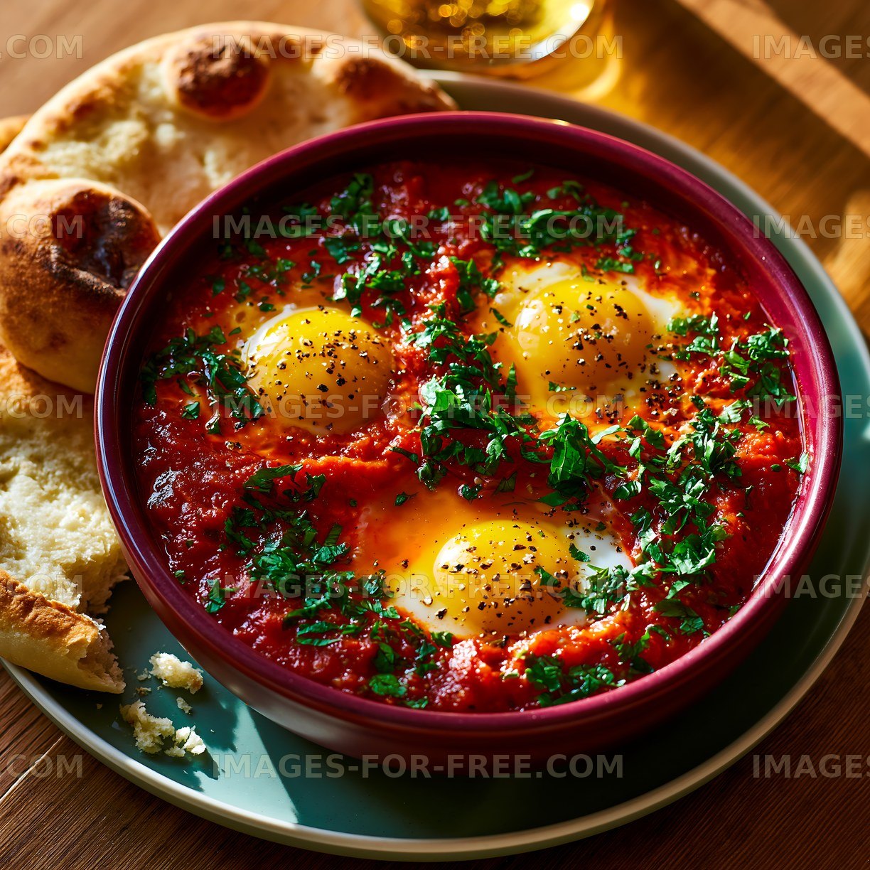 Shakshuka with eggs and bread presented on a wooden table