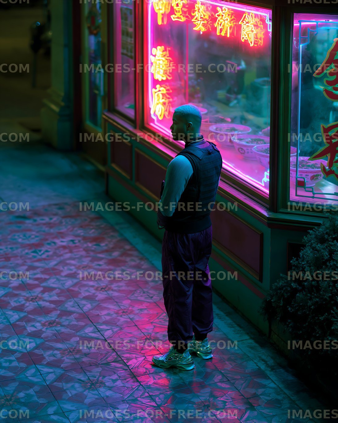 Night scene of a man standing outside a shop with neon lights