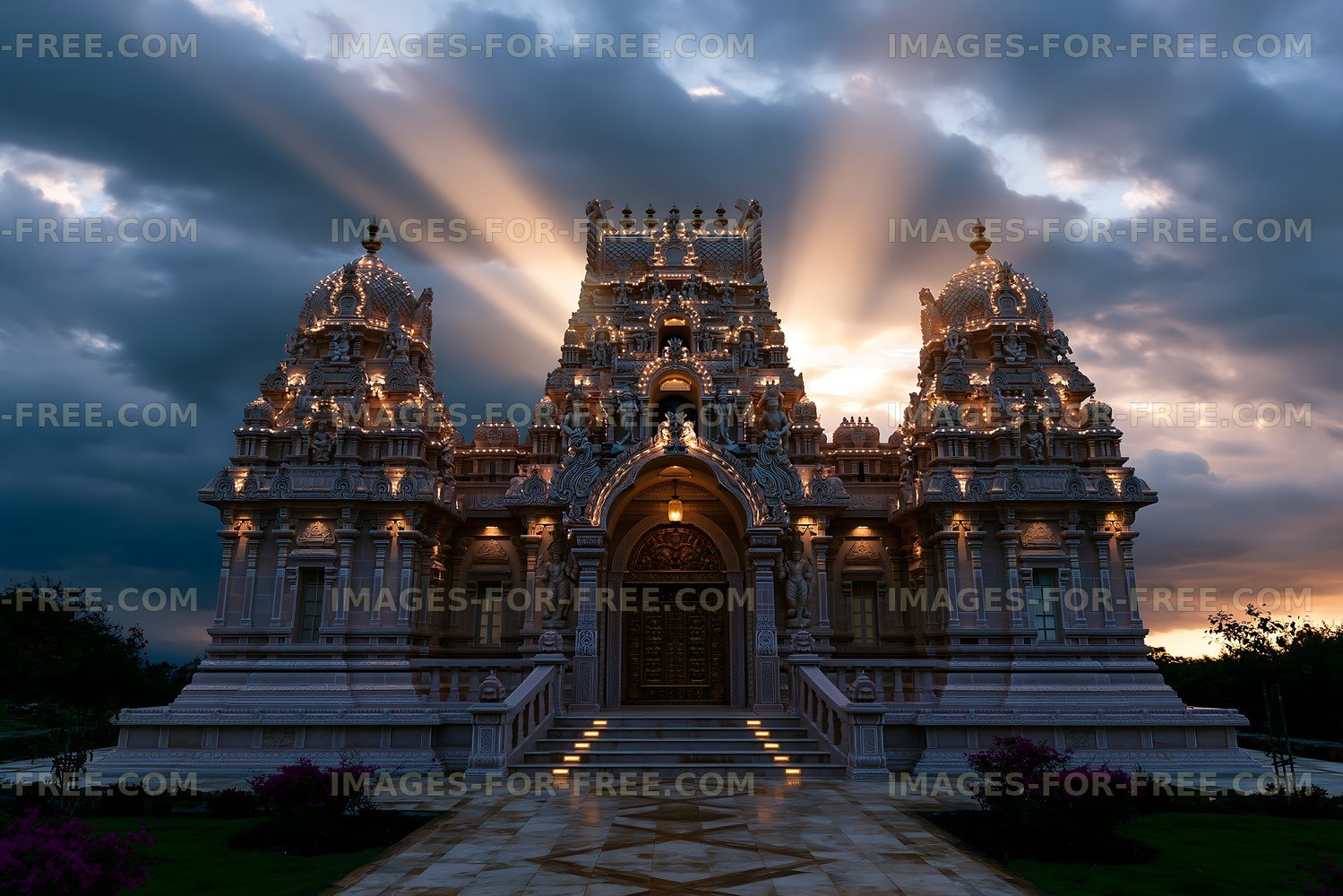 Sunrise over a temple with dramatic clouds and lighting