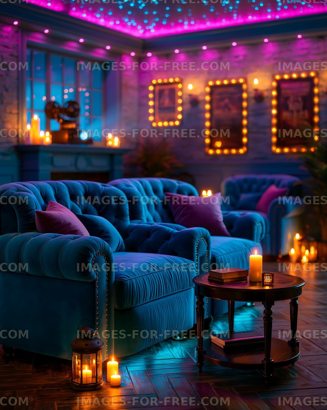 Cozy living room with blue sofa and warm candlelight