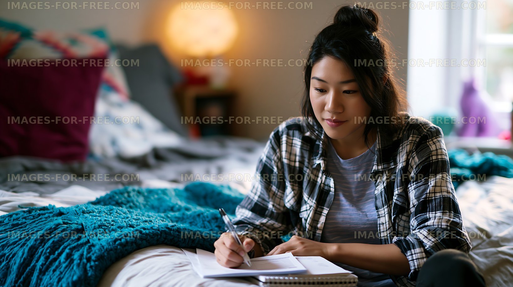 Young woman writing in a notebook while sitting on a bed