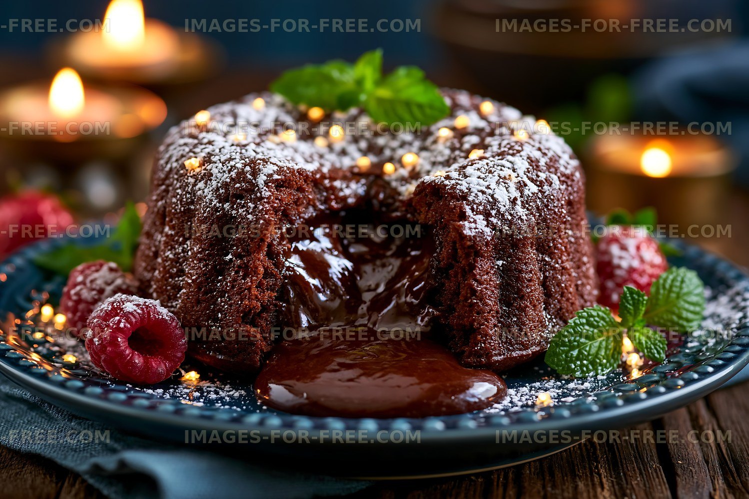 Chocolate cake dessert with melting filling on a dark plate