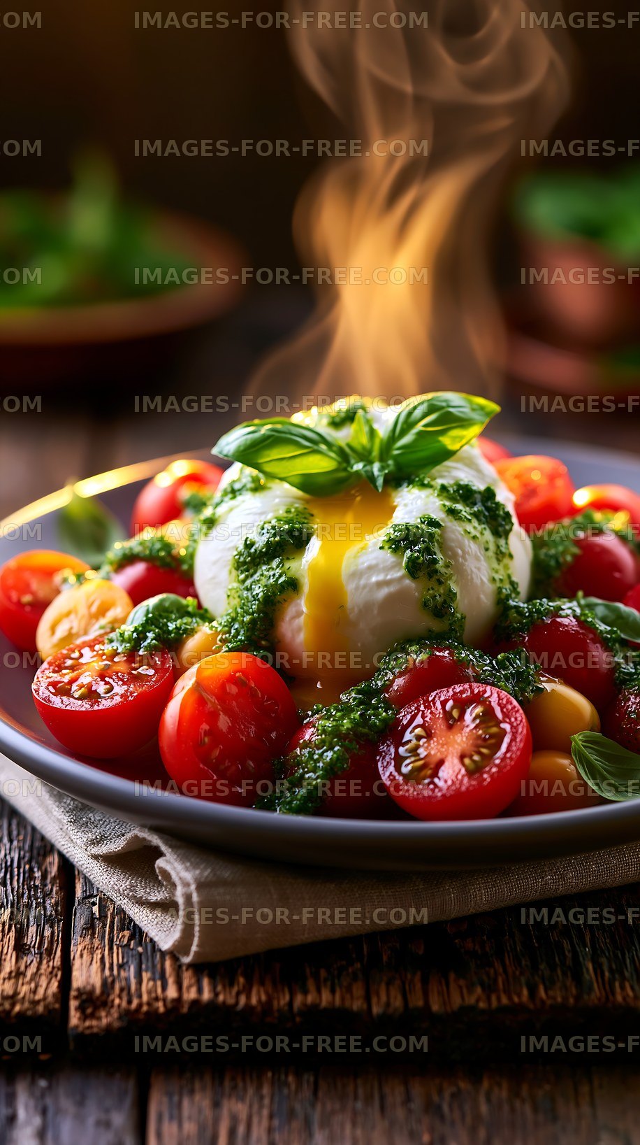 Burrata cheese with cherry tomatoes and basil on a wooden table