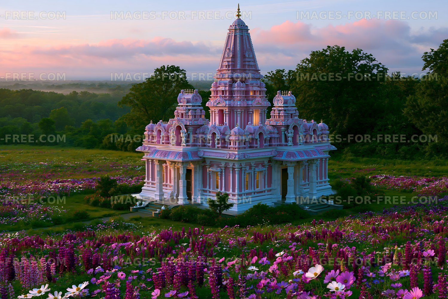 Temple surrounded by flowers at sunset in a green landscape