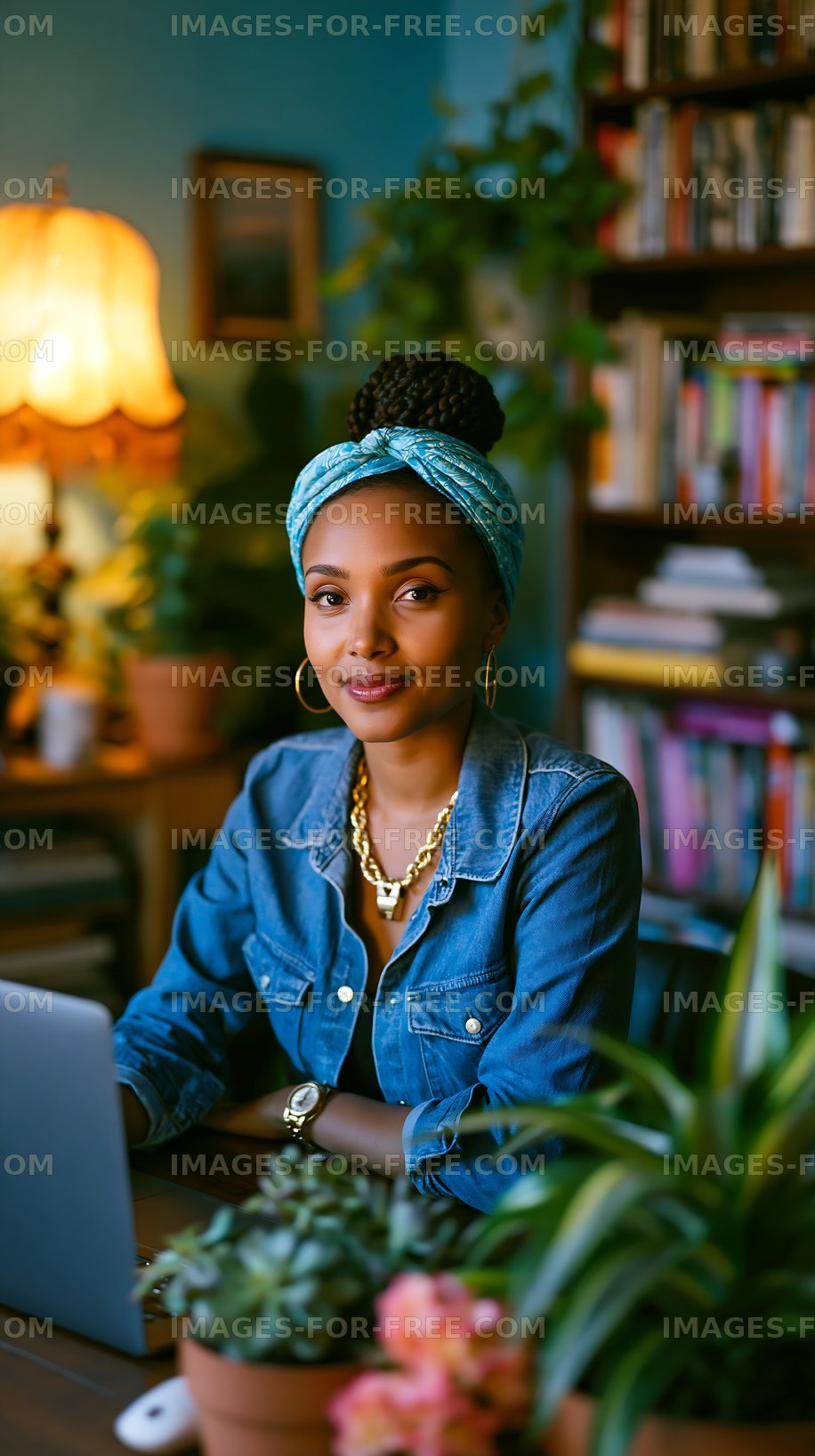 Woman sitting at a desk with a laptop in a cozy indoor setting