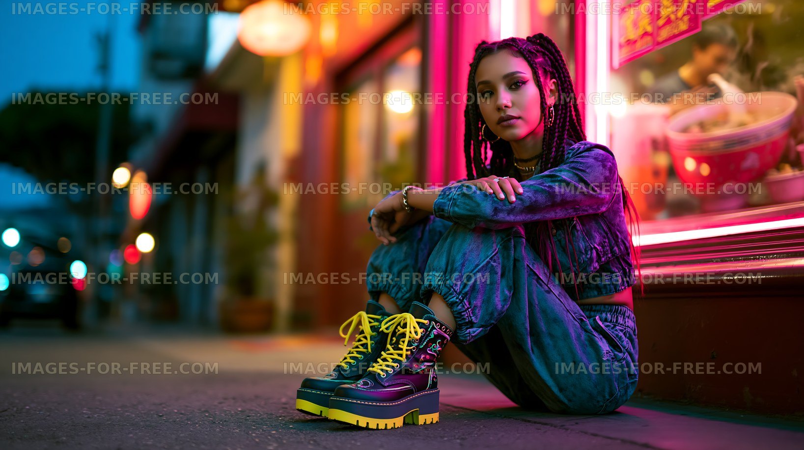 Young woman sitting outside a shop at night in urban setting