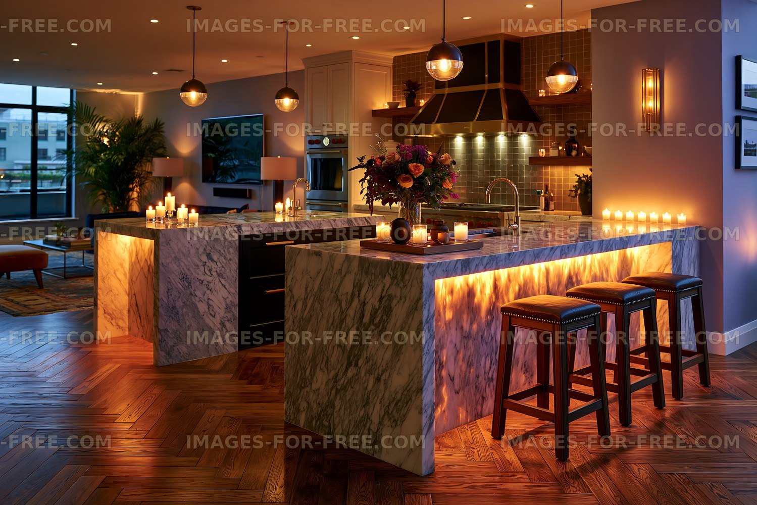 Modern kitchen with unique lighting and seating
