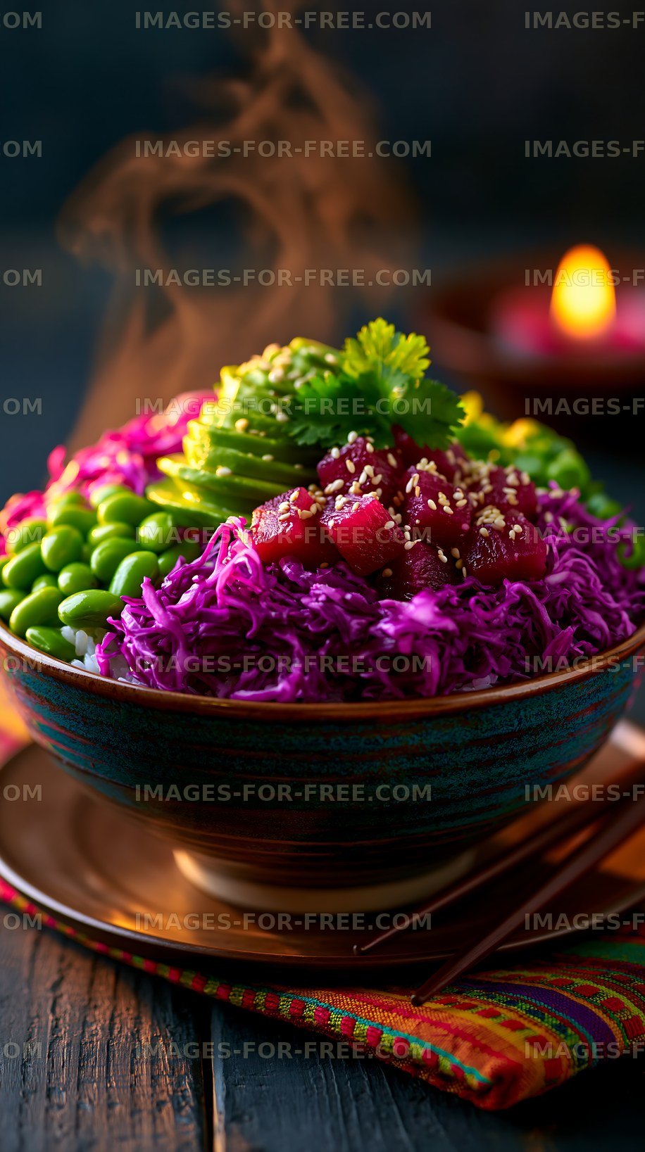 Colorful salad bowl with fresh ingredients and steam rising