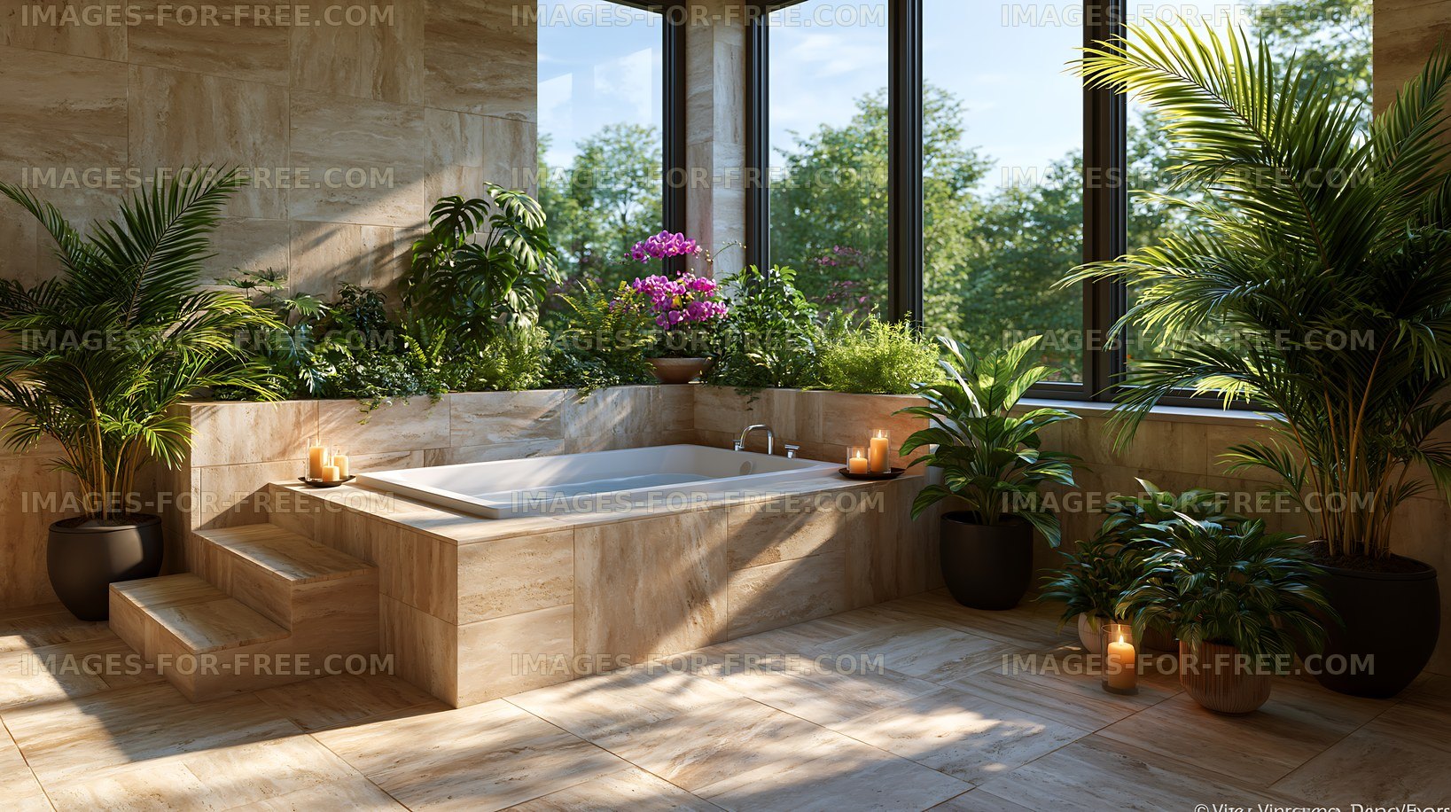 Modern bathroom with plants and natural light