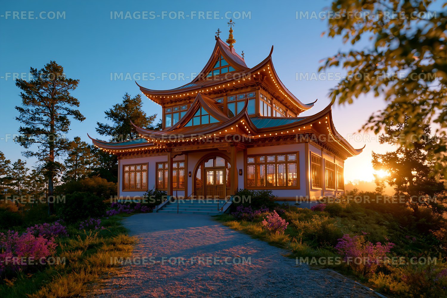 Sunset view of a traditional building with illumination in the woods