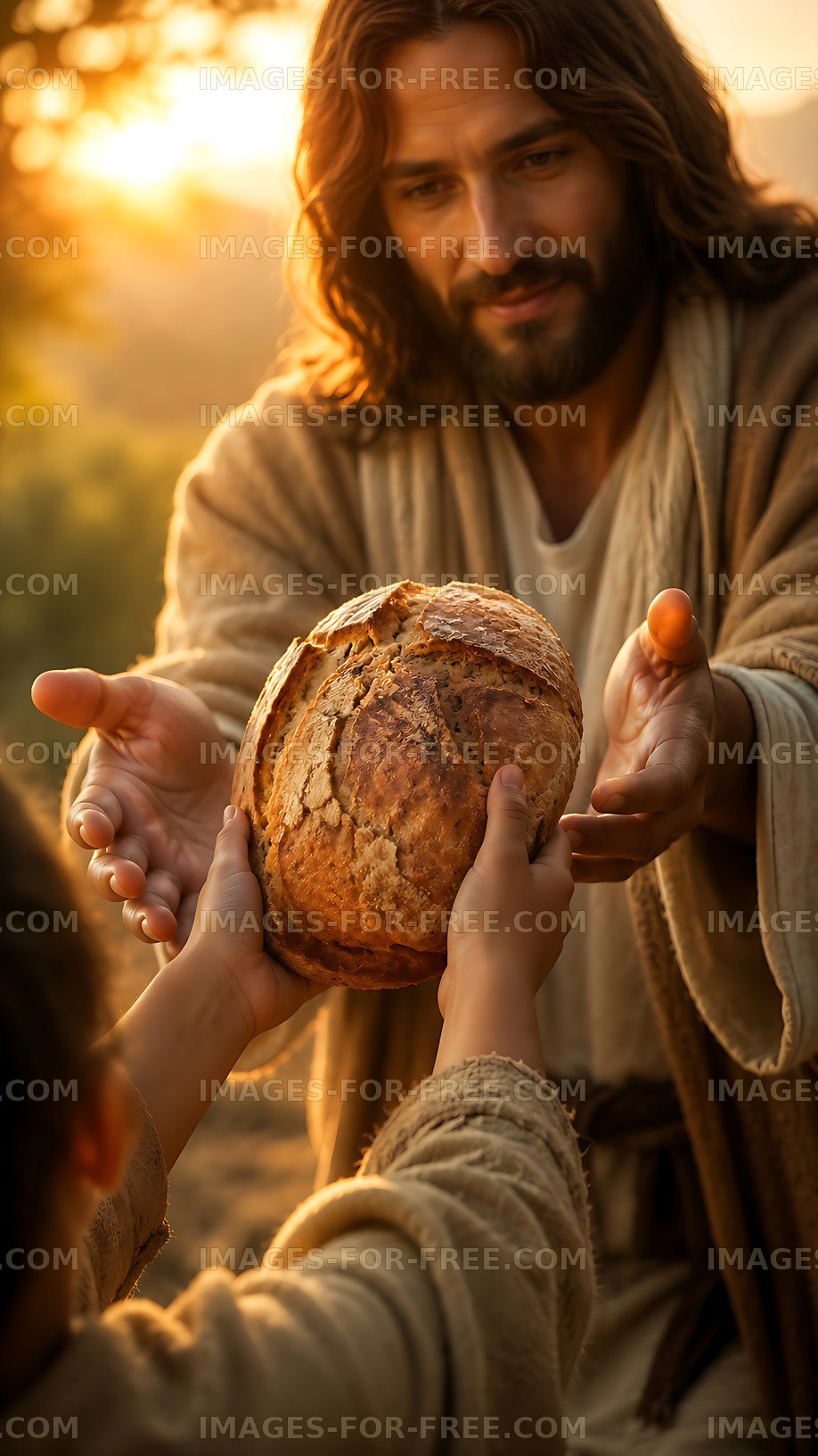 Sharing bread at sunset in a serene outdoor setting