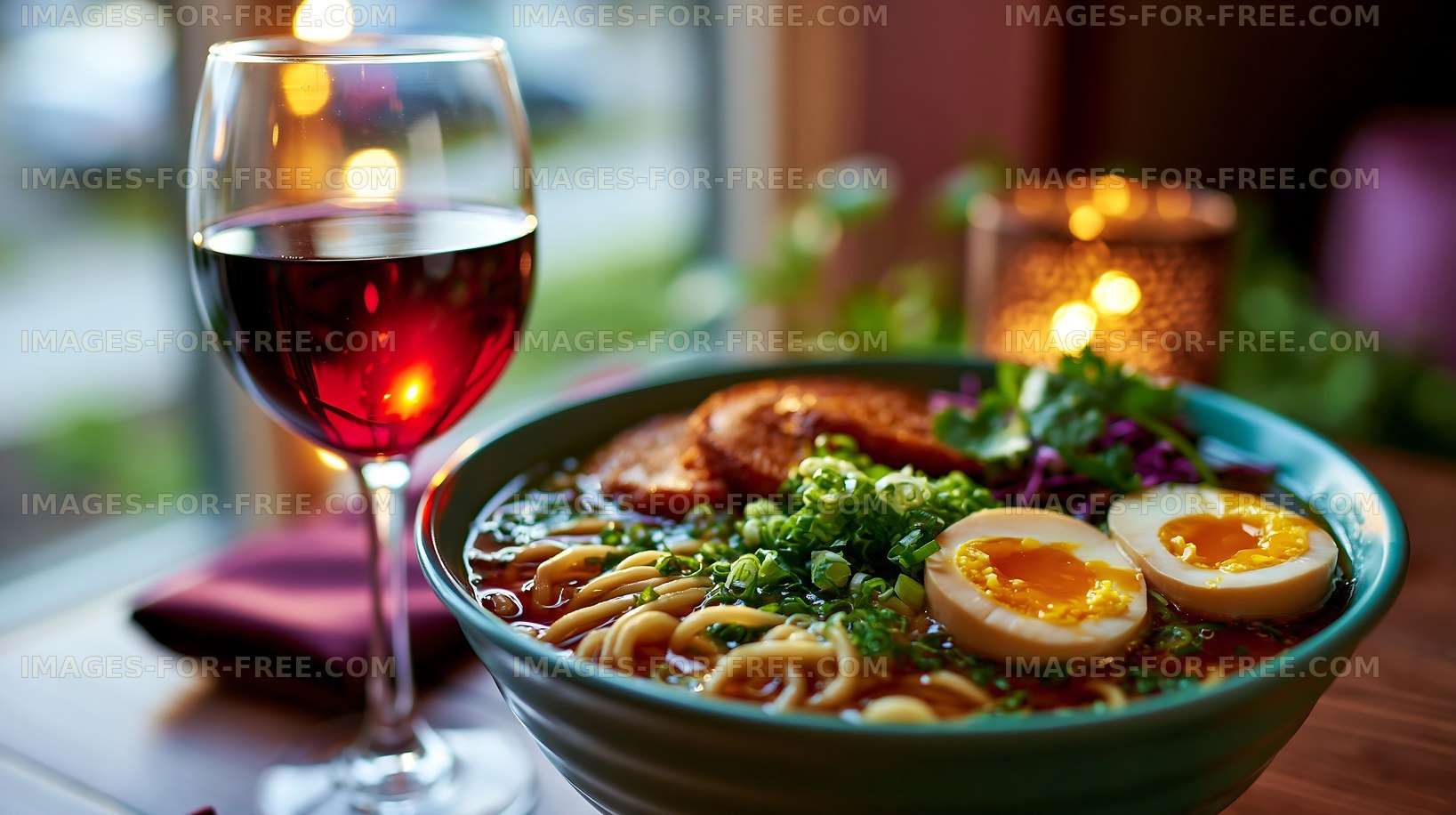 Delicious bowl of ramen with wine on a wooden table