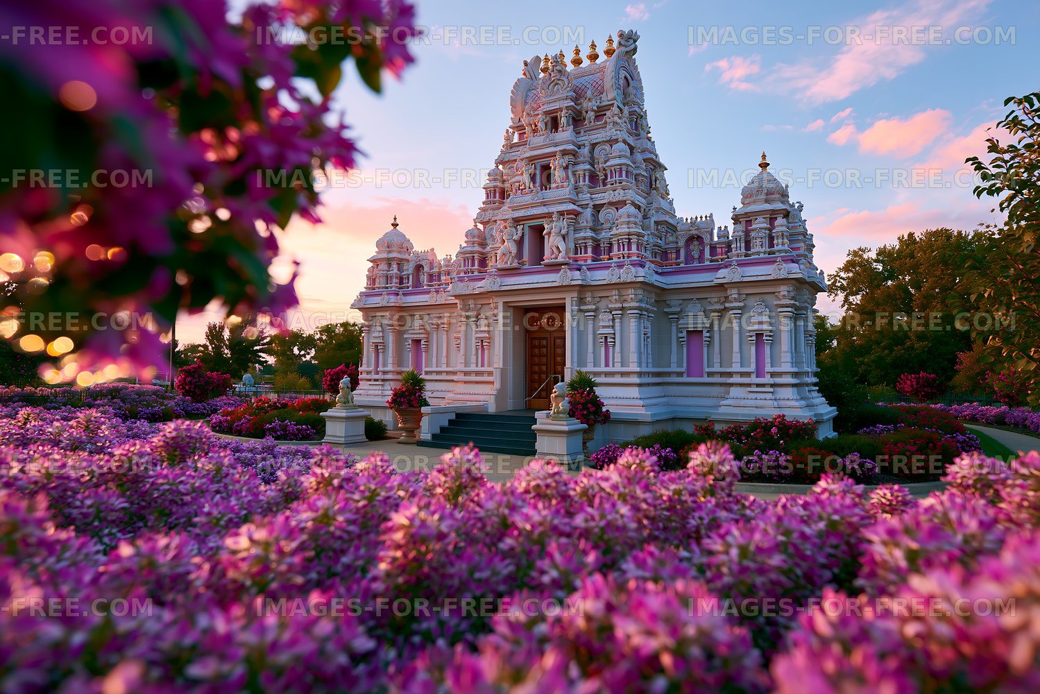 Colorful flowers surround a temple at sunset in a garden setting