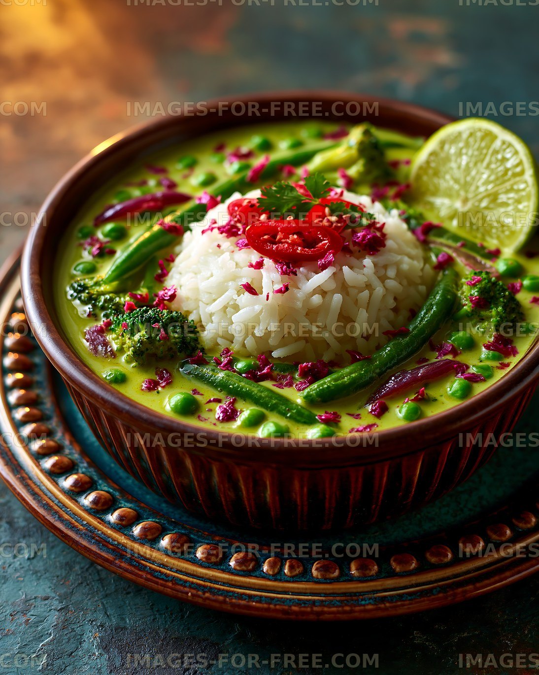 Rice with green vegetables and spices in a bowl