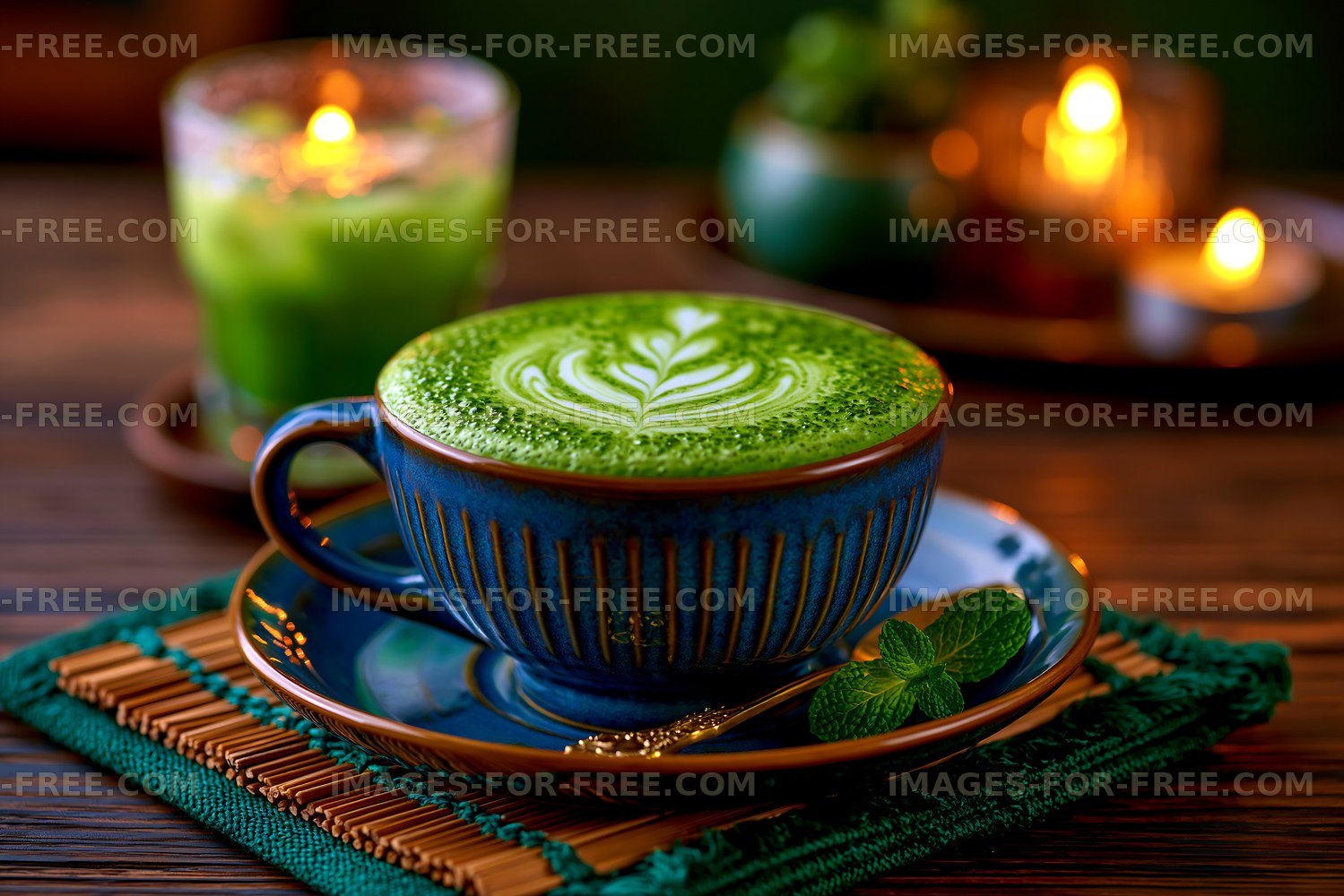 Matcha latte in blue cup with leaves and candles on wooden table