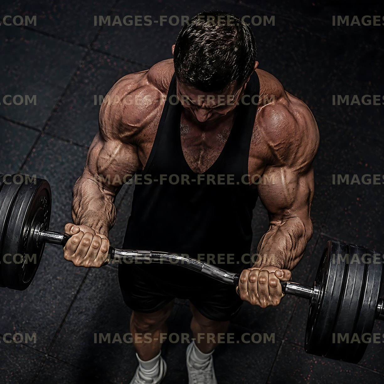 Muscular man lifting dumbbells in gym