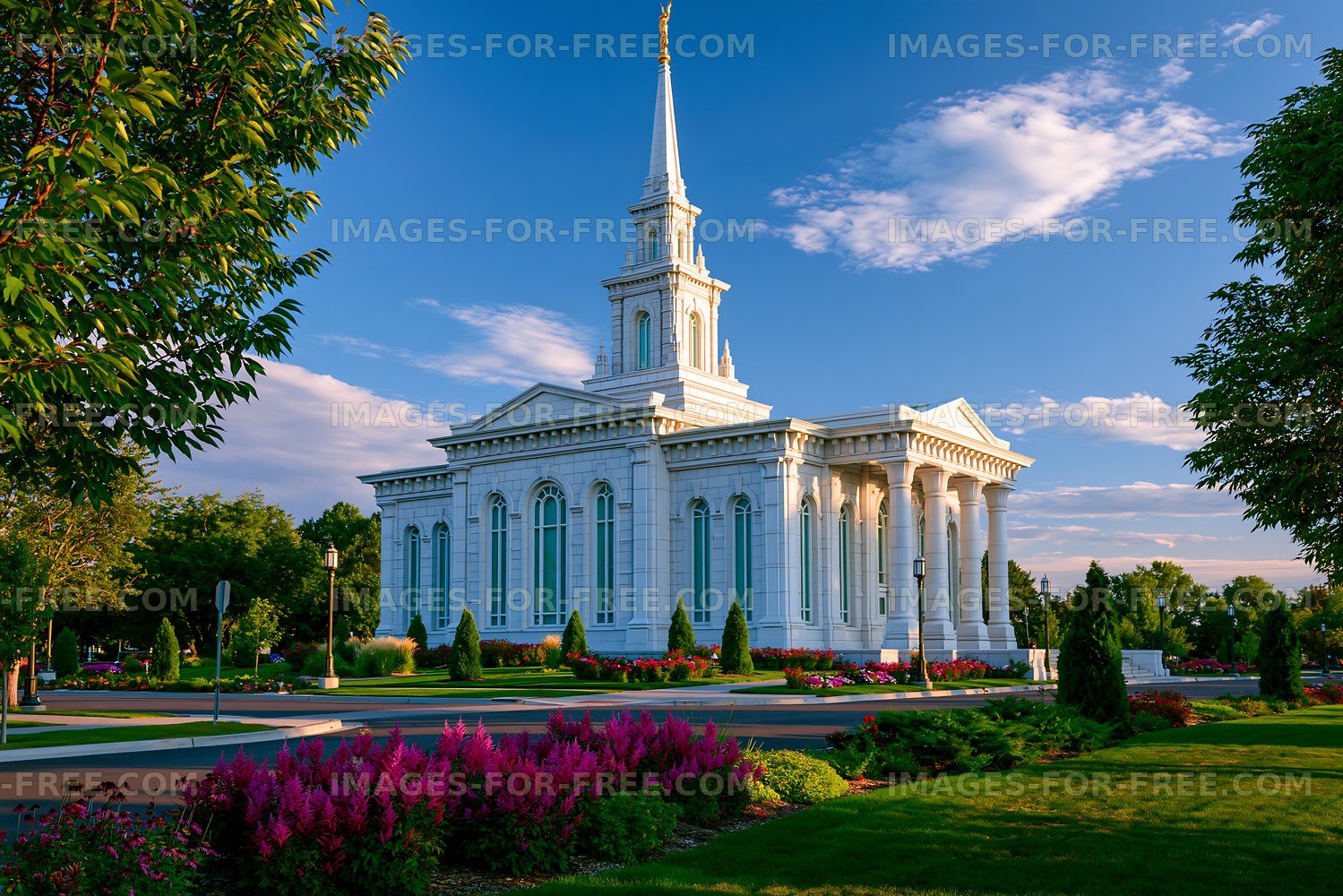 Building with a spire surrounded by garden and blue sky