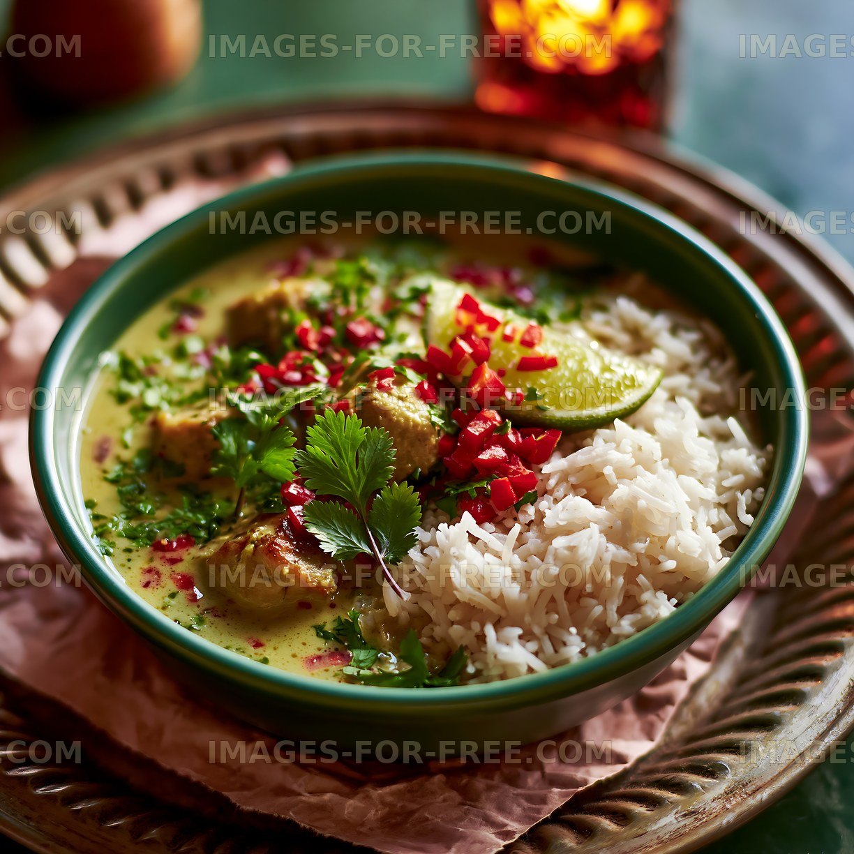 Delicious bowl of curry with rice and fresh herbs on a plate