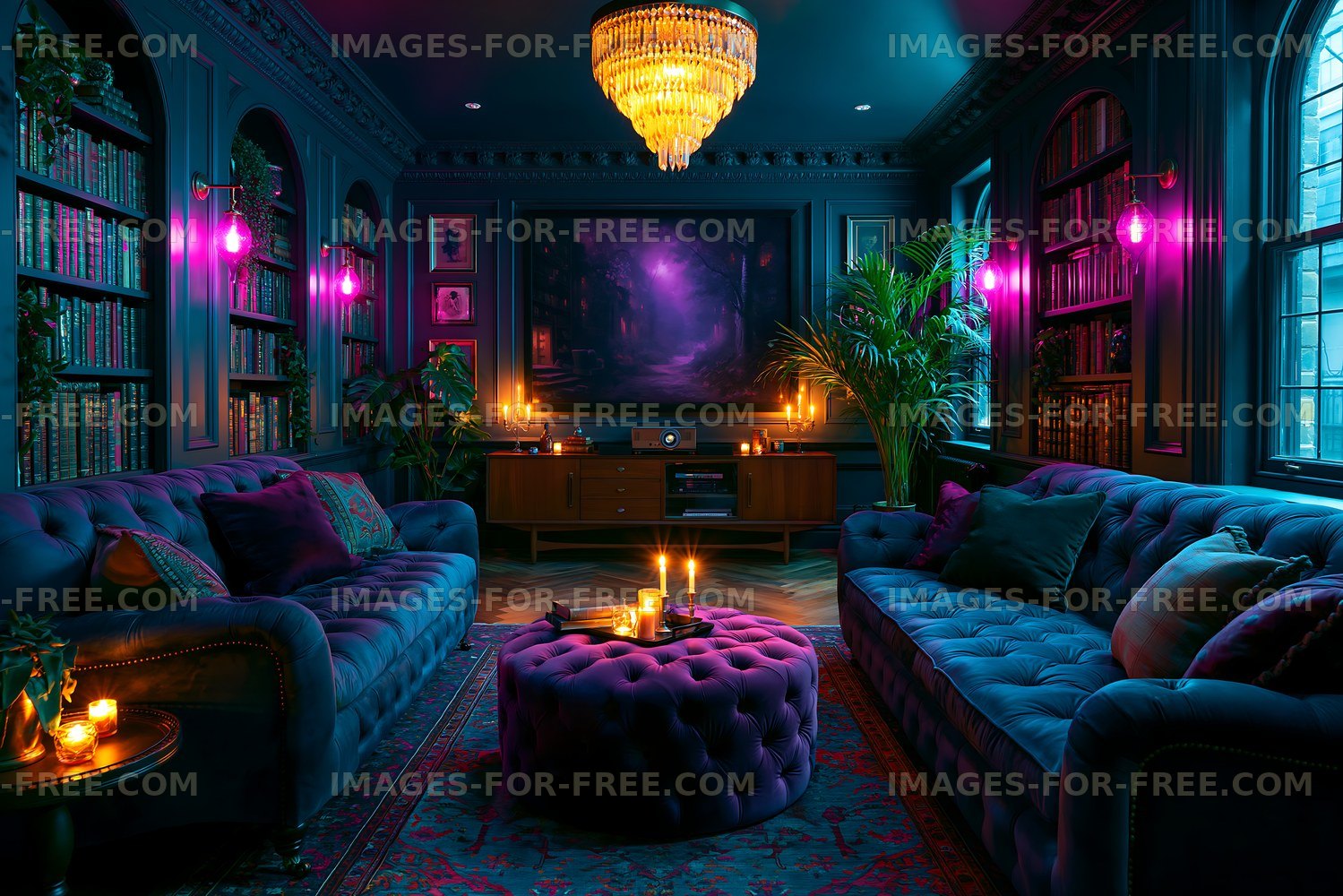 Cozy living room with rich colors and warm lighting