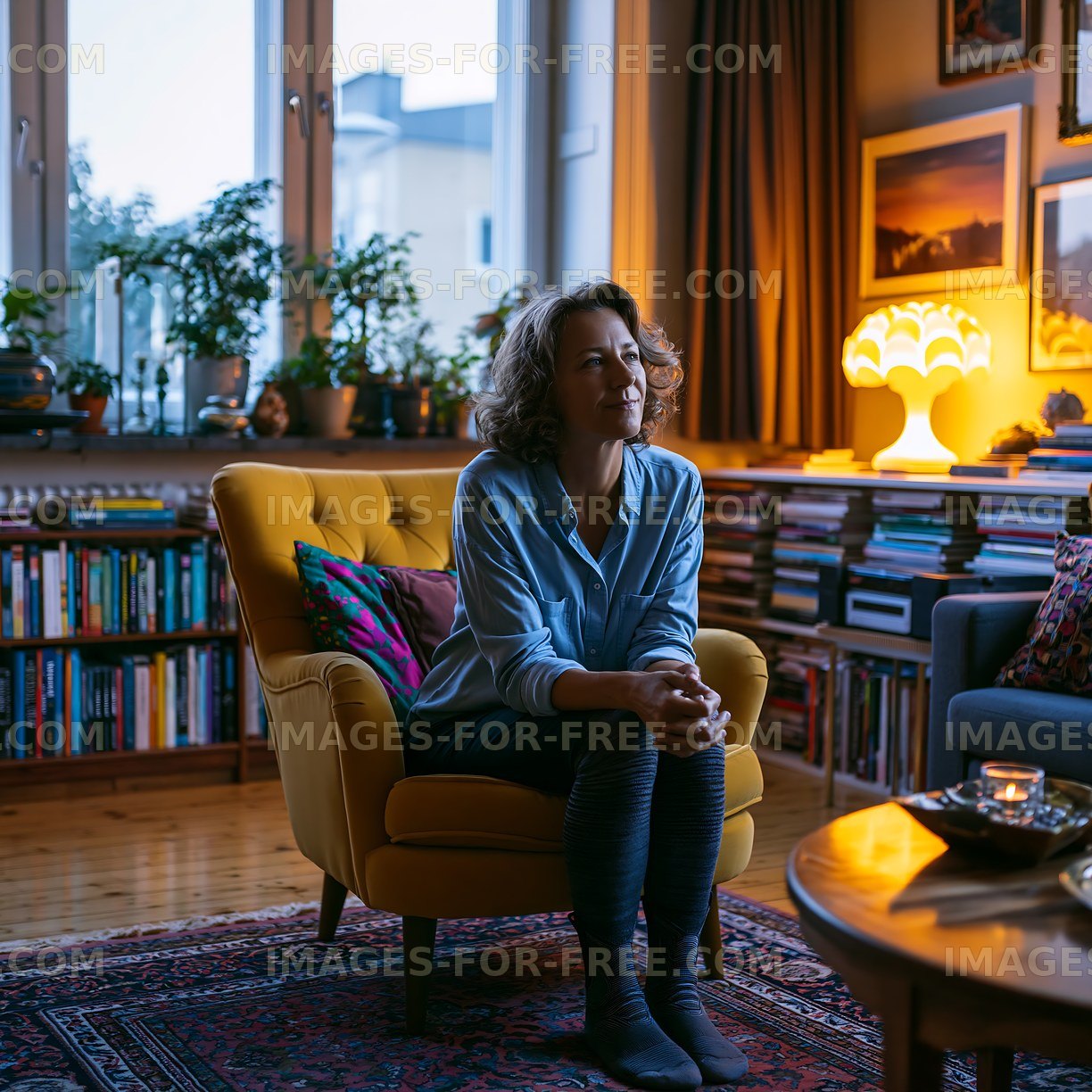 Woman sitting in a cozy living room during evening light