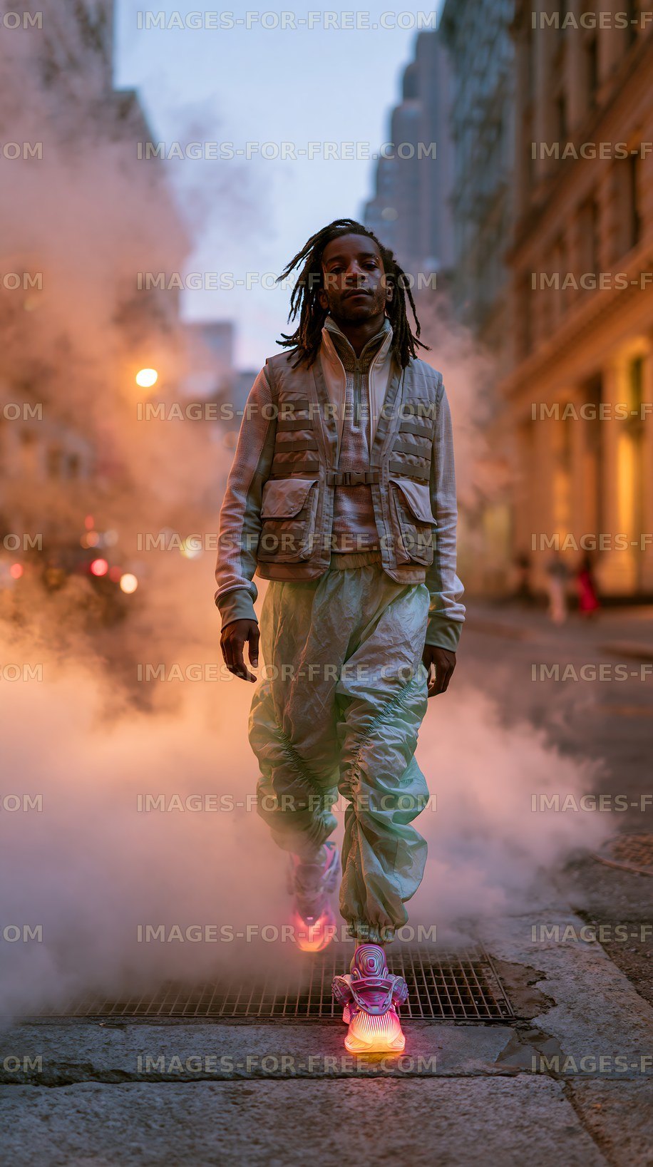 Man walking on street with smoke at twilight