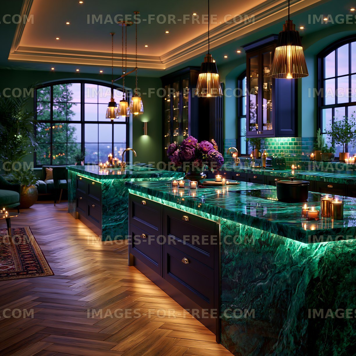Modern kitchen with green stone countertops and warm lighting