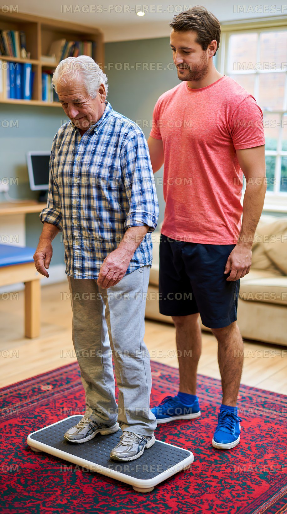 Older man receives assistance during balance training session