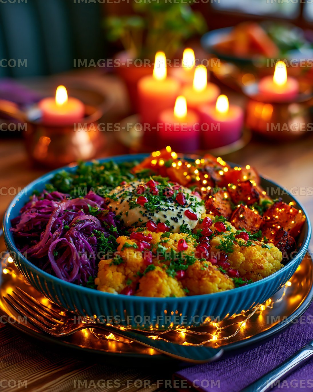 Colorful meal served on table with candles and festive lights