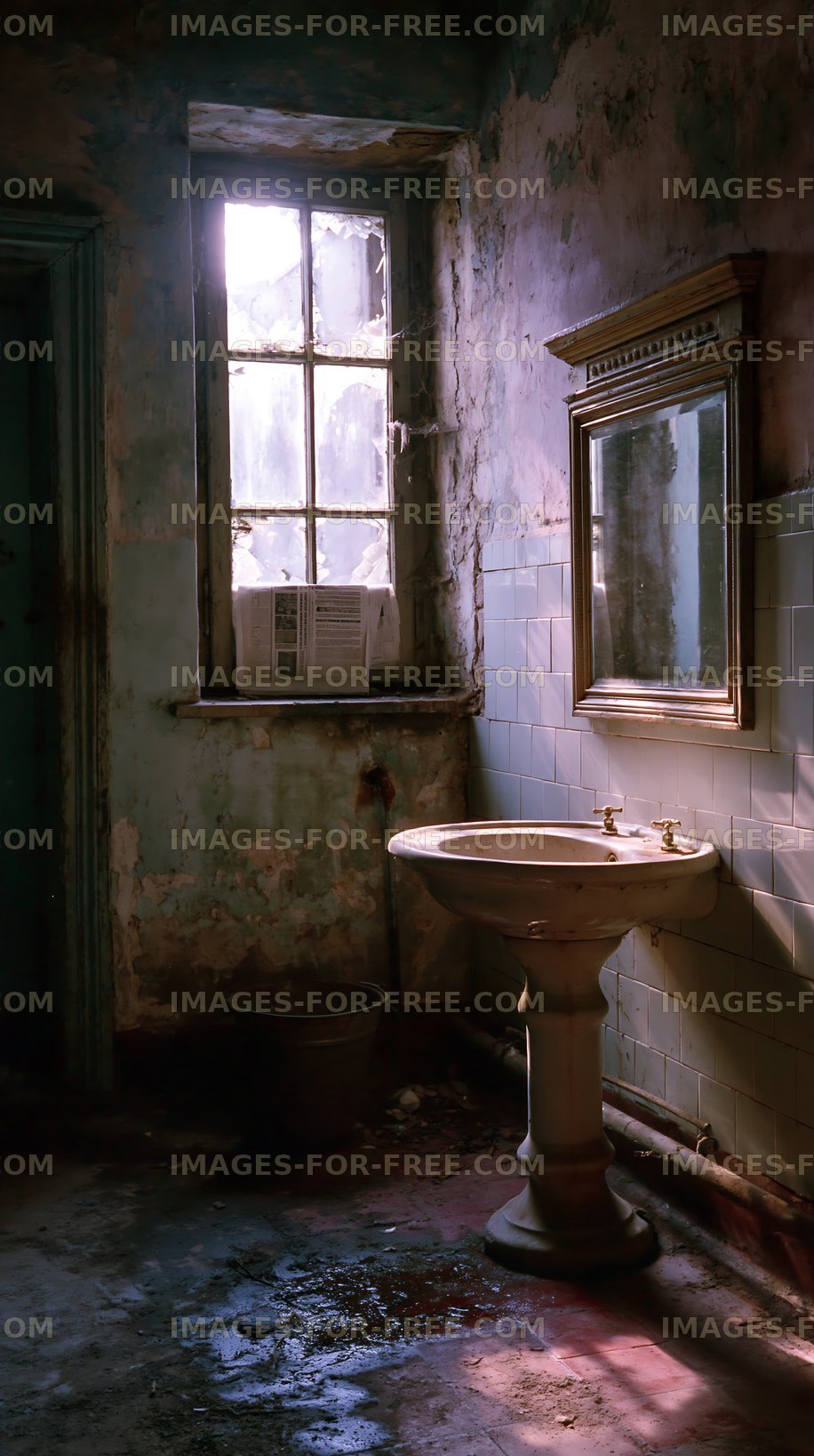 Old bathroom with a sink and window in an abandoned building