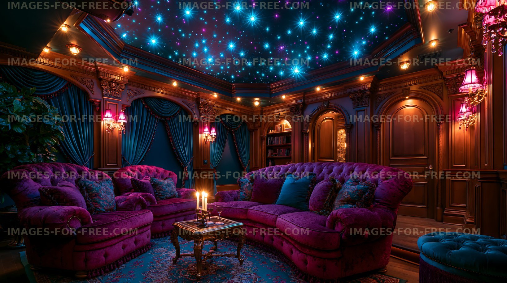 Cozy lounge area with purple furniture and starlit ceiling