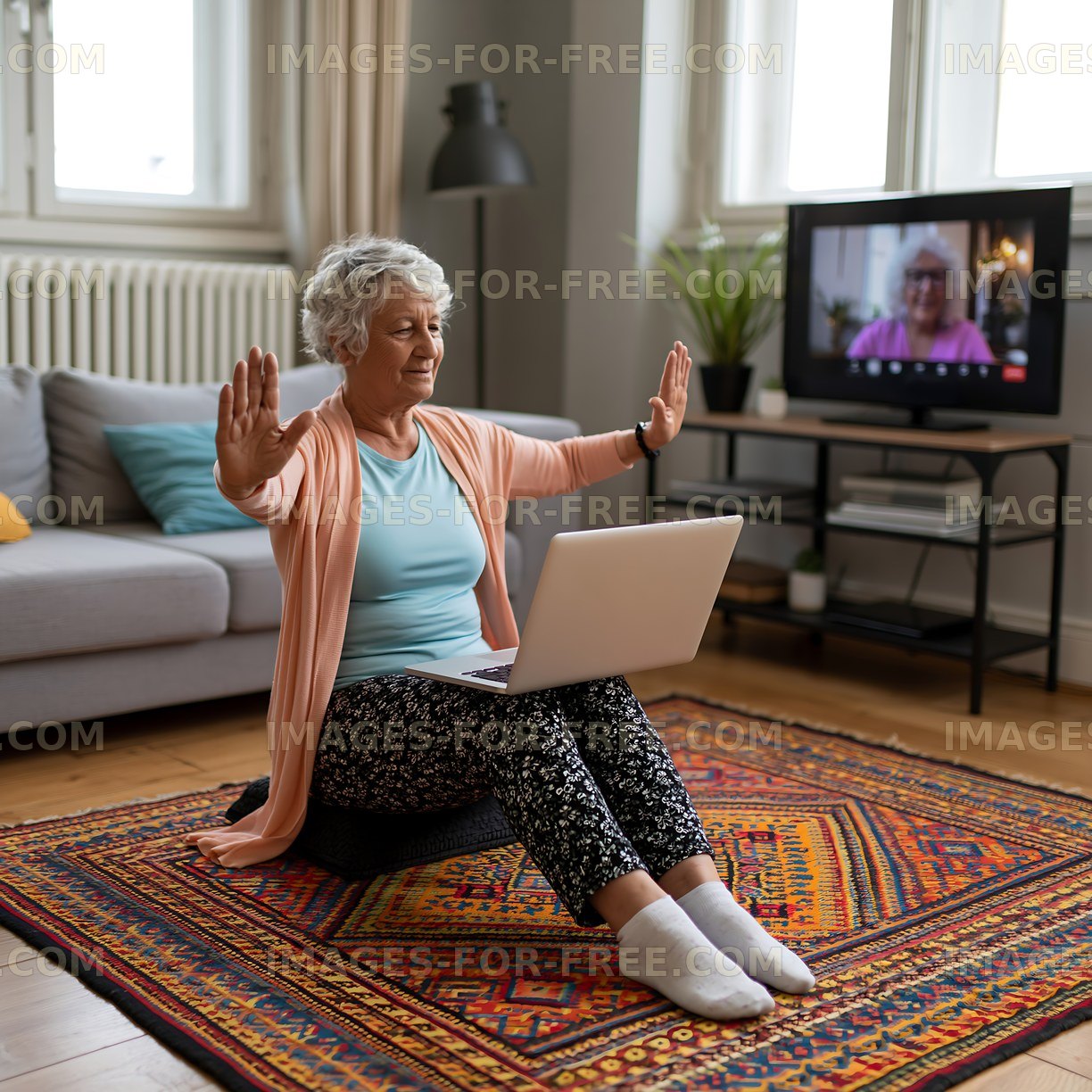 Older woman having a video call on a laptop while seated on a rug