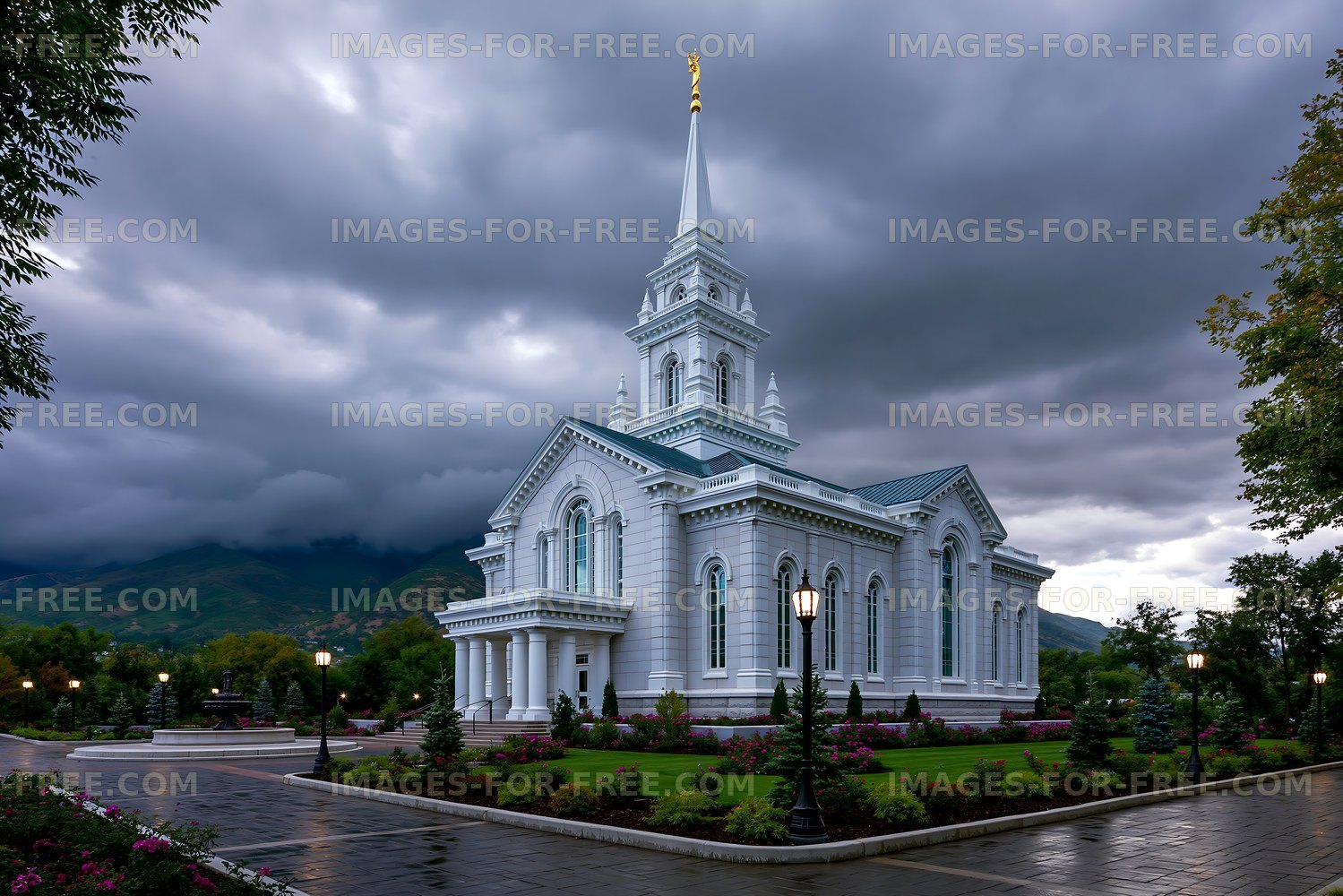 Church building under cloudy sky in a tranquil area