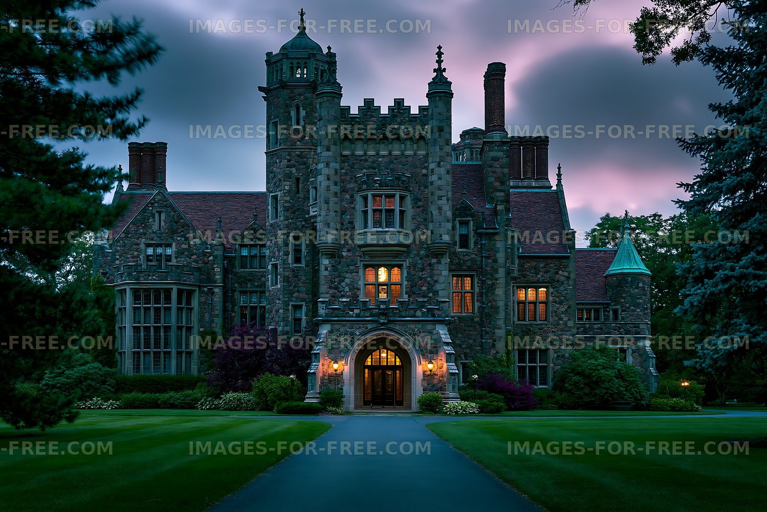 Castle with stone architecture under purple sky at dusk