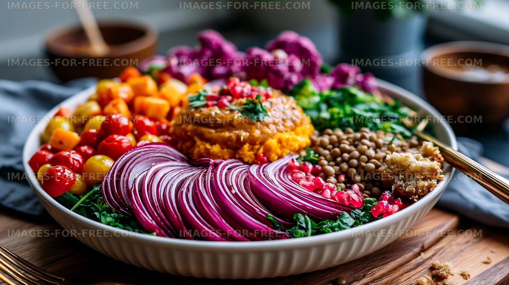 Colorful vegetables and grains arranged in a bowl with dip
