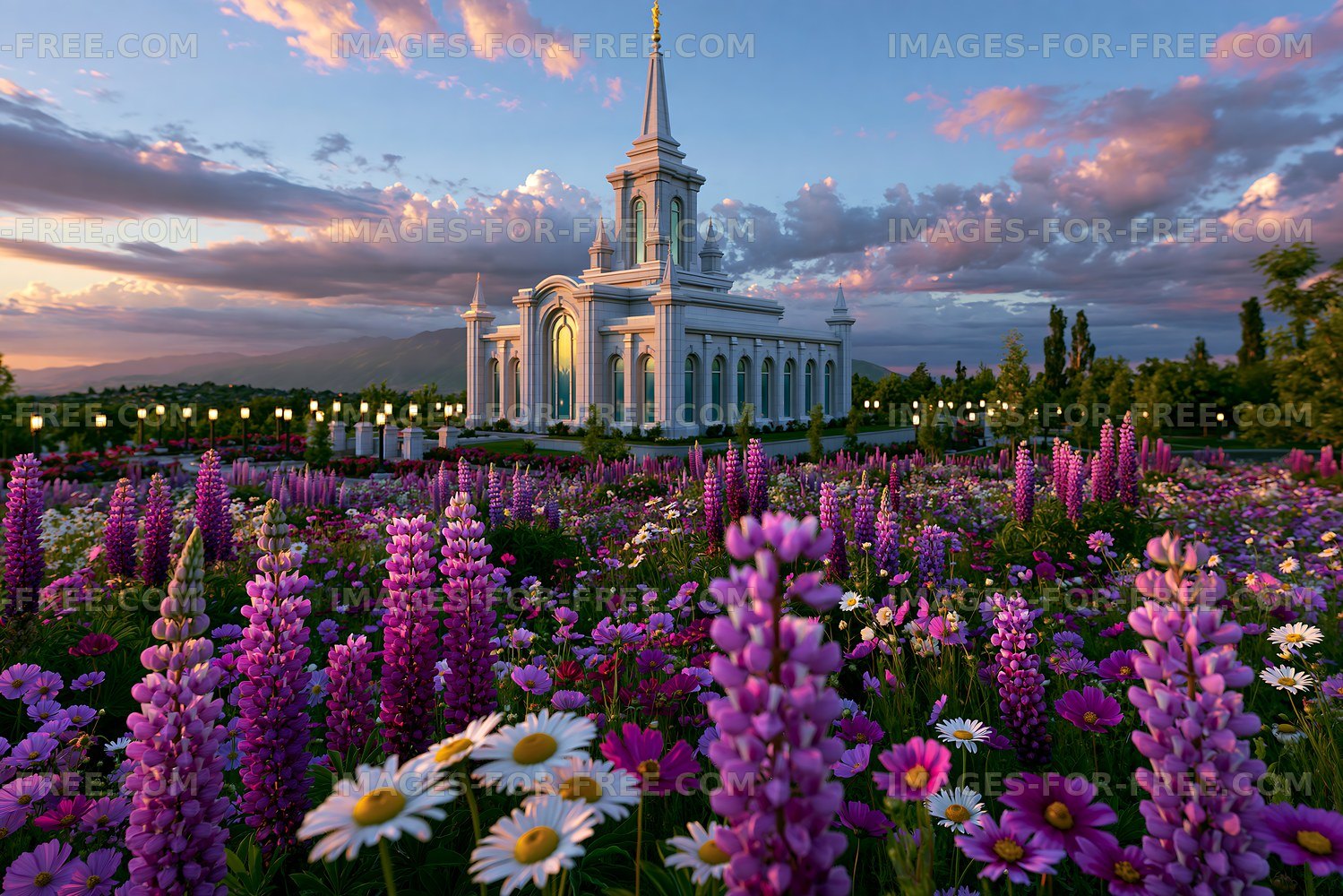 Colorful flowers in front of a building at sunset