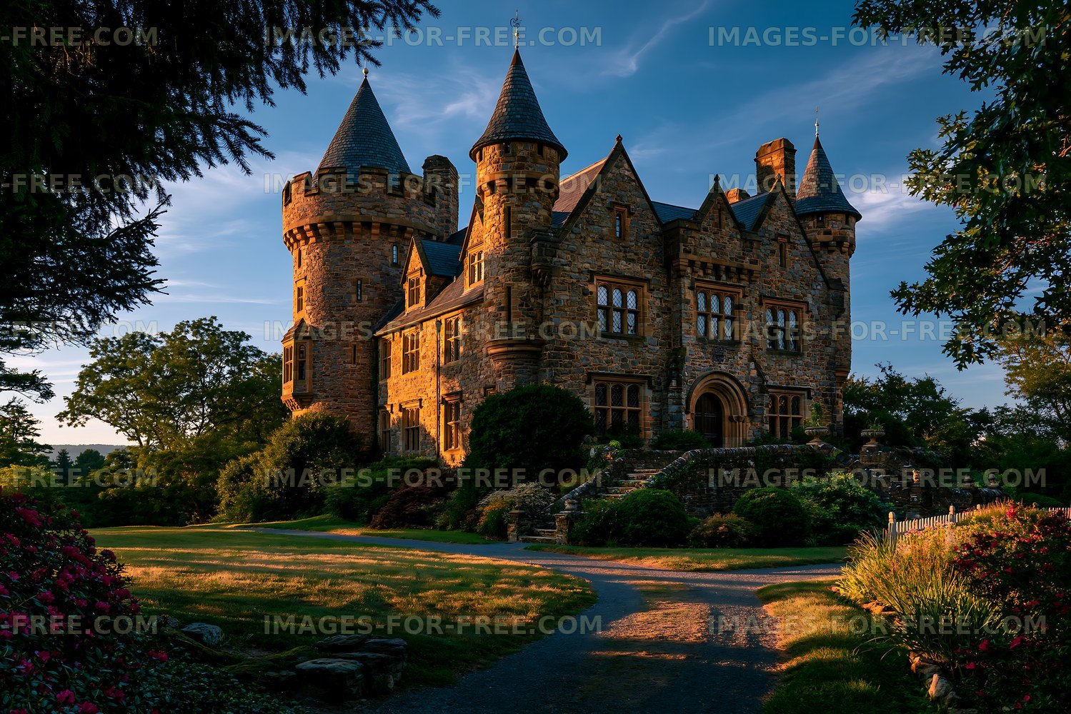Historic stone castle with turrets at sunset