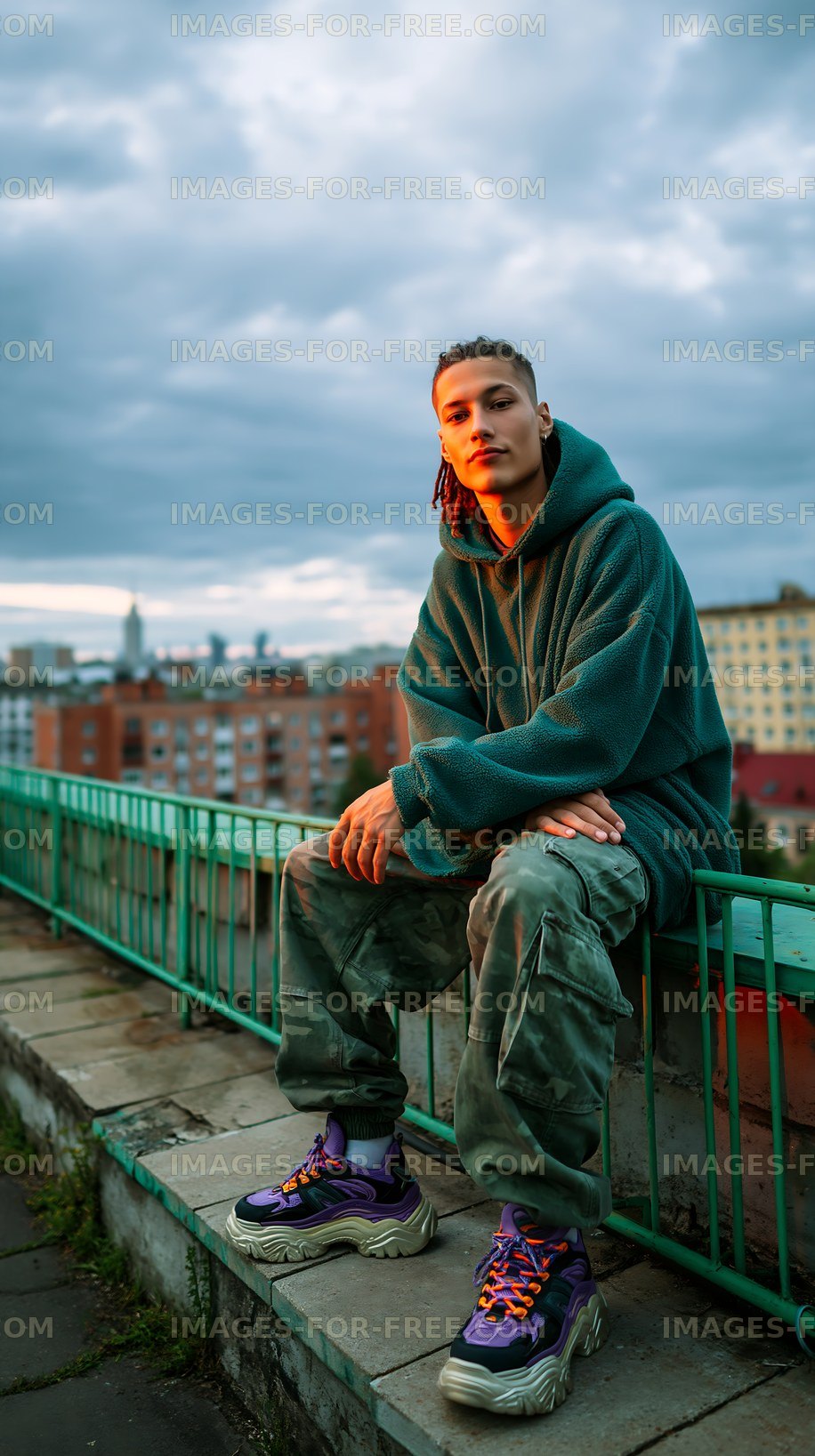 Person sitting on a green railing with a city view