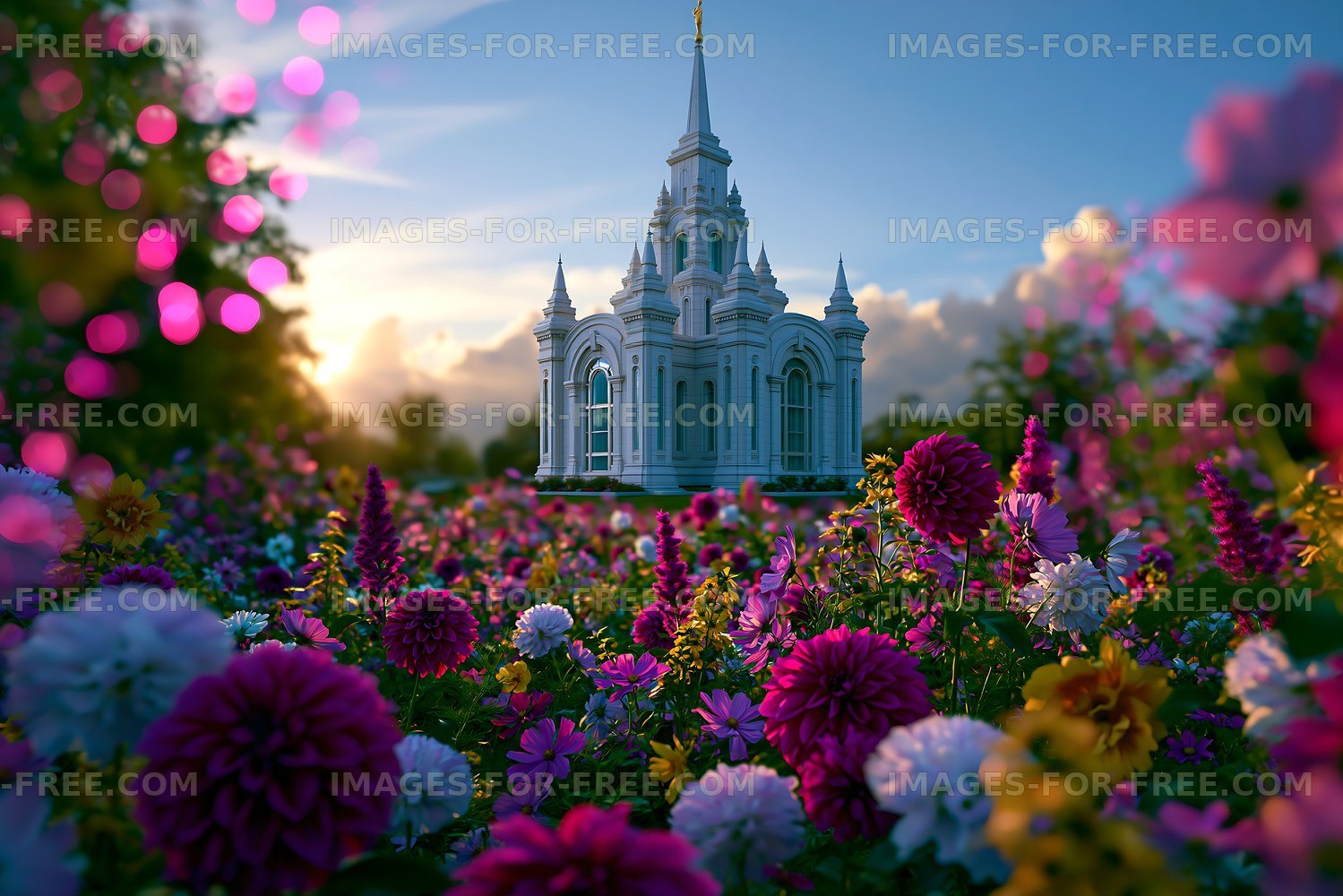 Flowers surround a temple at sunset with colorful blooms